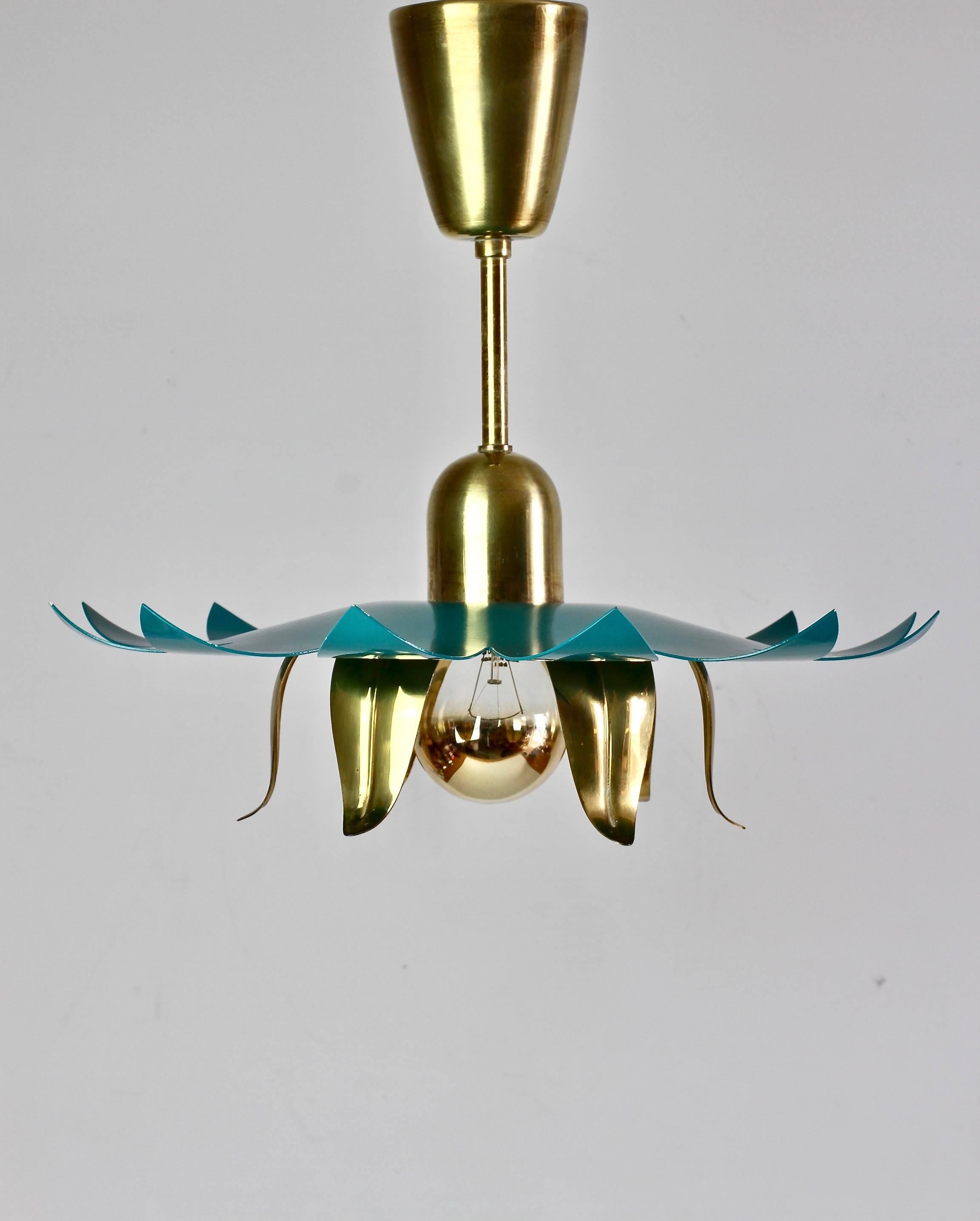 1950s Italian Stilnovo Style Brass and Turquoise Flower Pendant Light Fixture 1