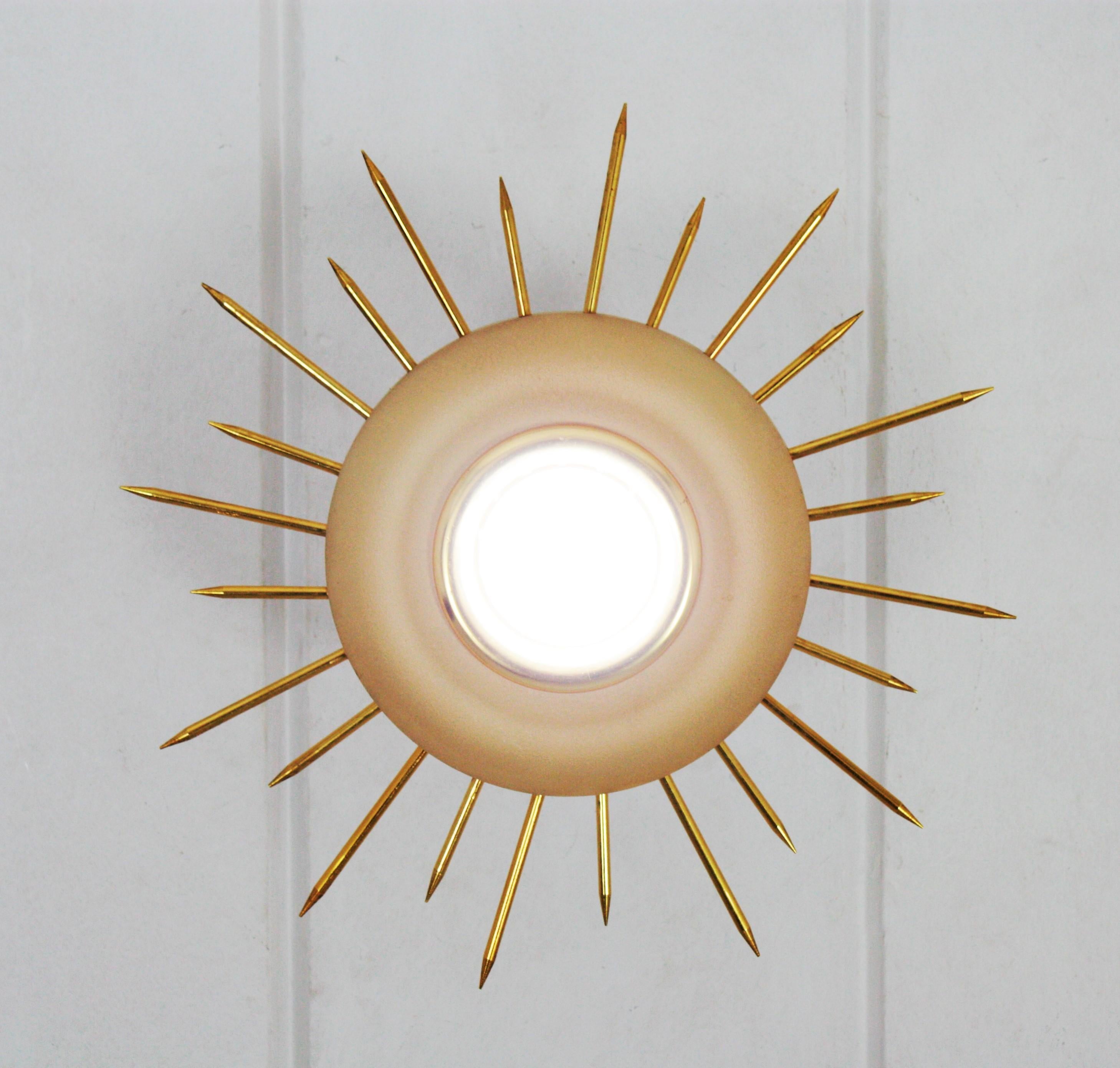 1950s Italian Sunburst Flush Mount in Gilt Metal and Beige Lacquer 4