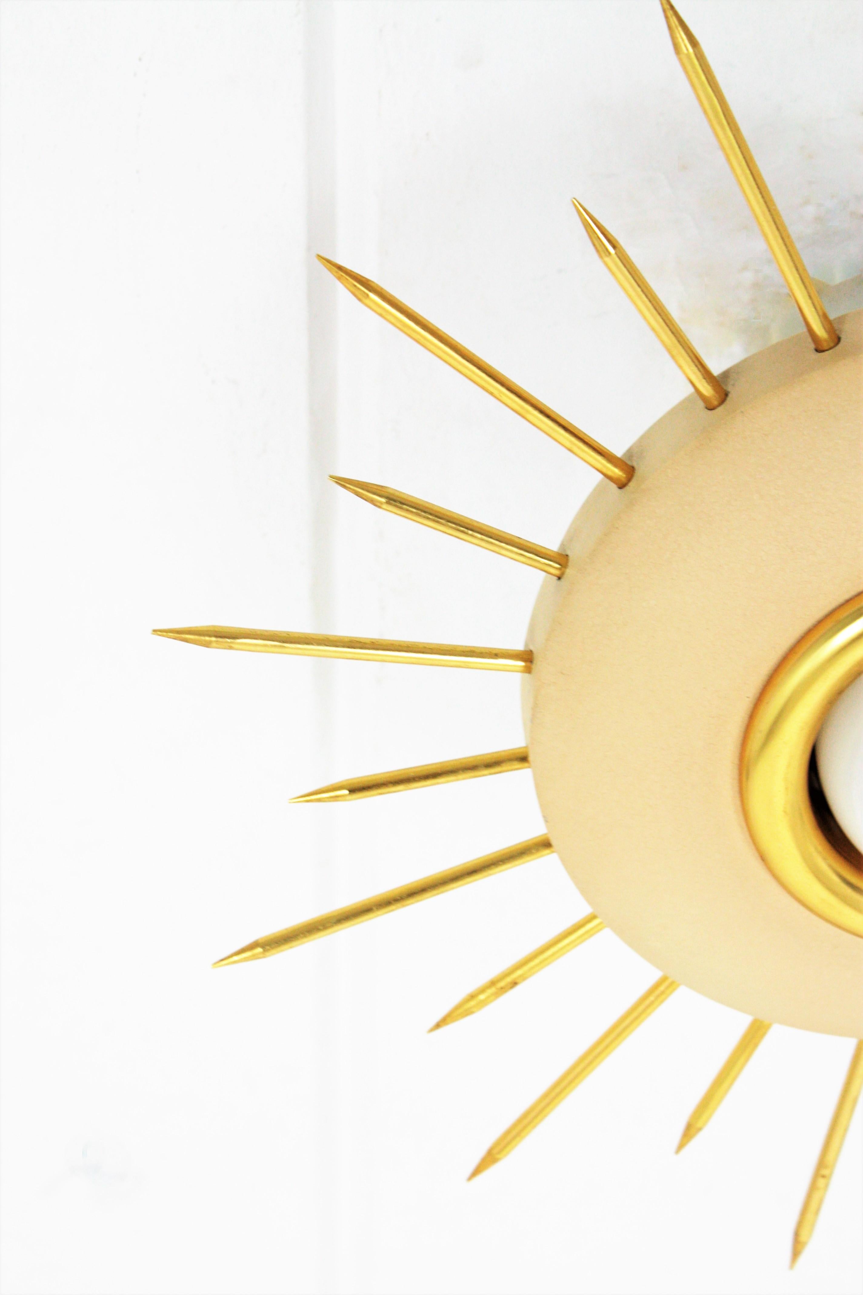 1950s Italian Sunburst Flush Mount in Gilt Metal and Beige Lacquer 5