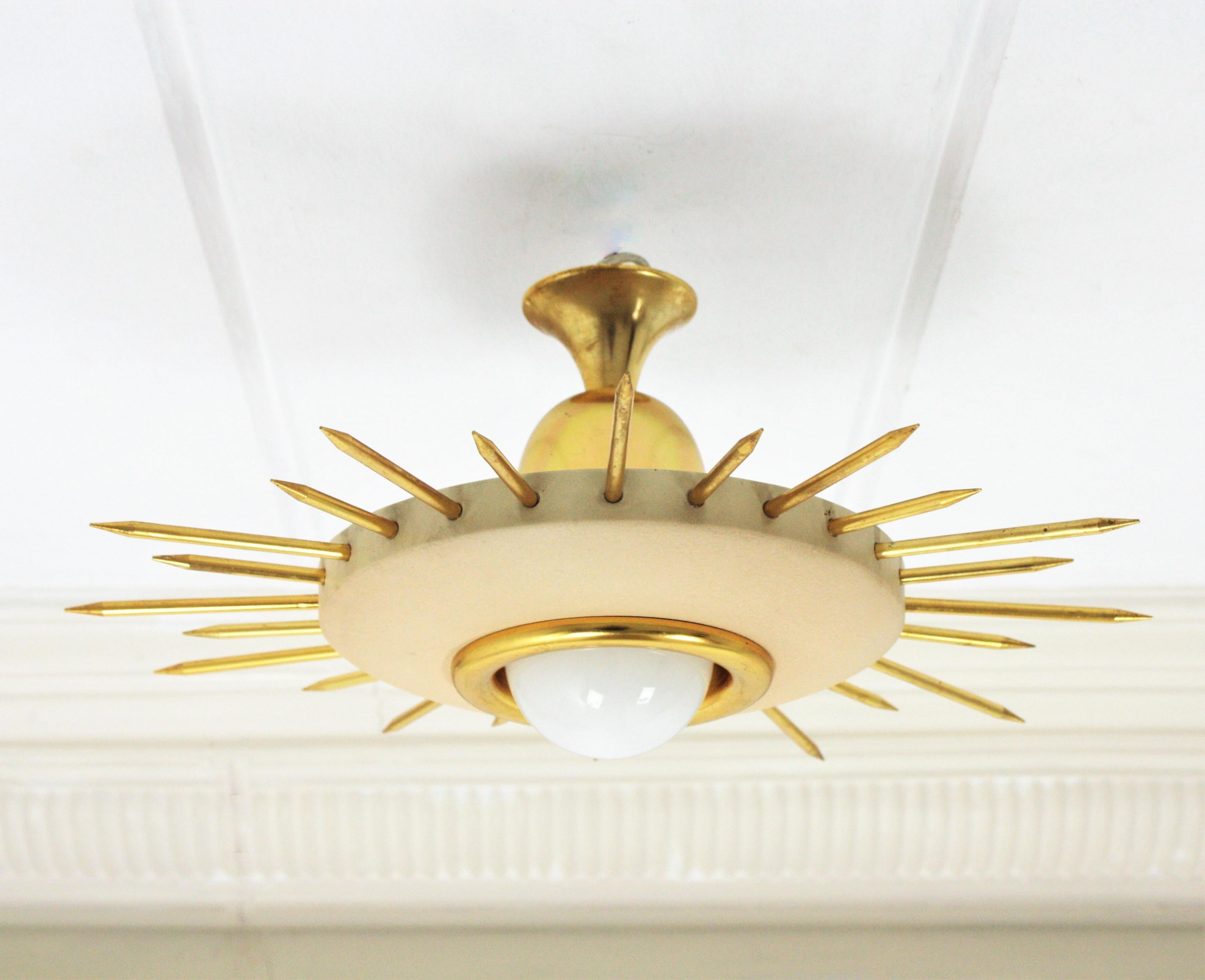 Anodized 1950s Italian Sunburst Flush Mount in Gilt Metal and Beige Lacquer