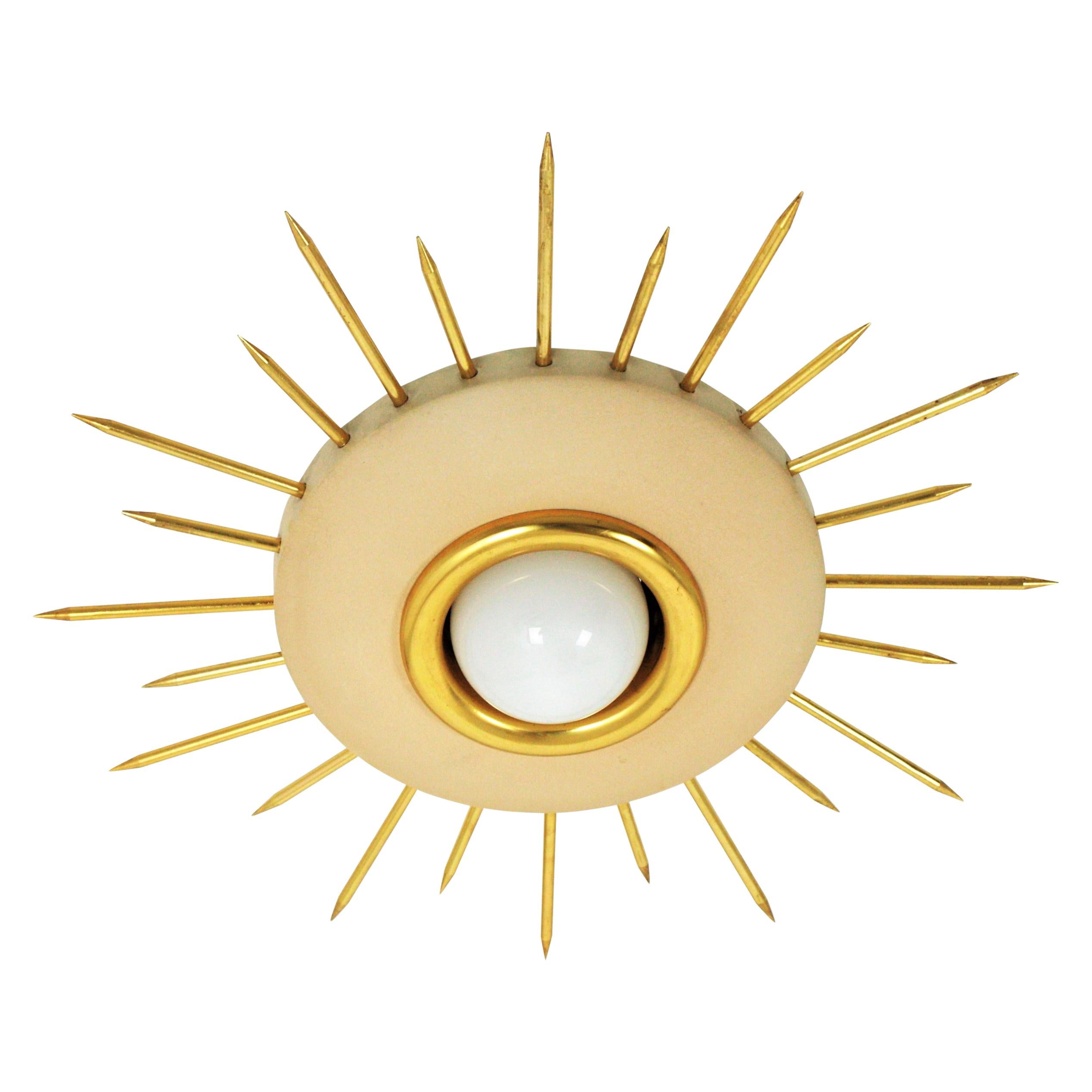 1950s Italian Sunburst Flush Mount in Gilt Metal and Beige Lacquer