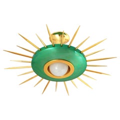 1950s Italian Sunburst Pendant Light Fixture in Green and Gilt Metal
