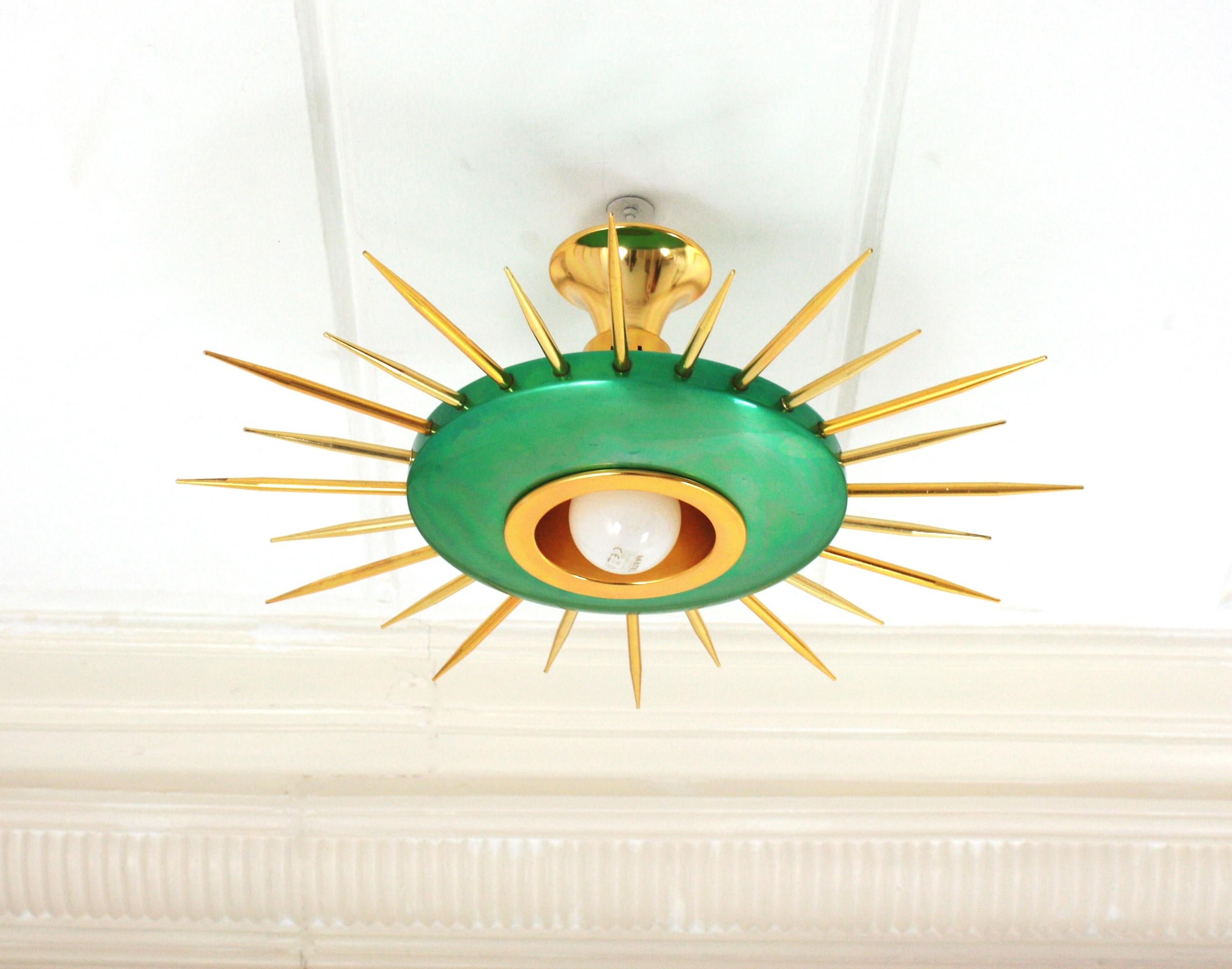 Brass 1950s Italian Sunburst Pendant Light Fixture in Green and Gilt Metal For Sale