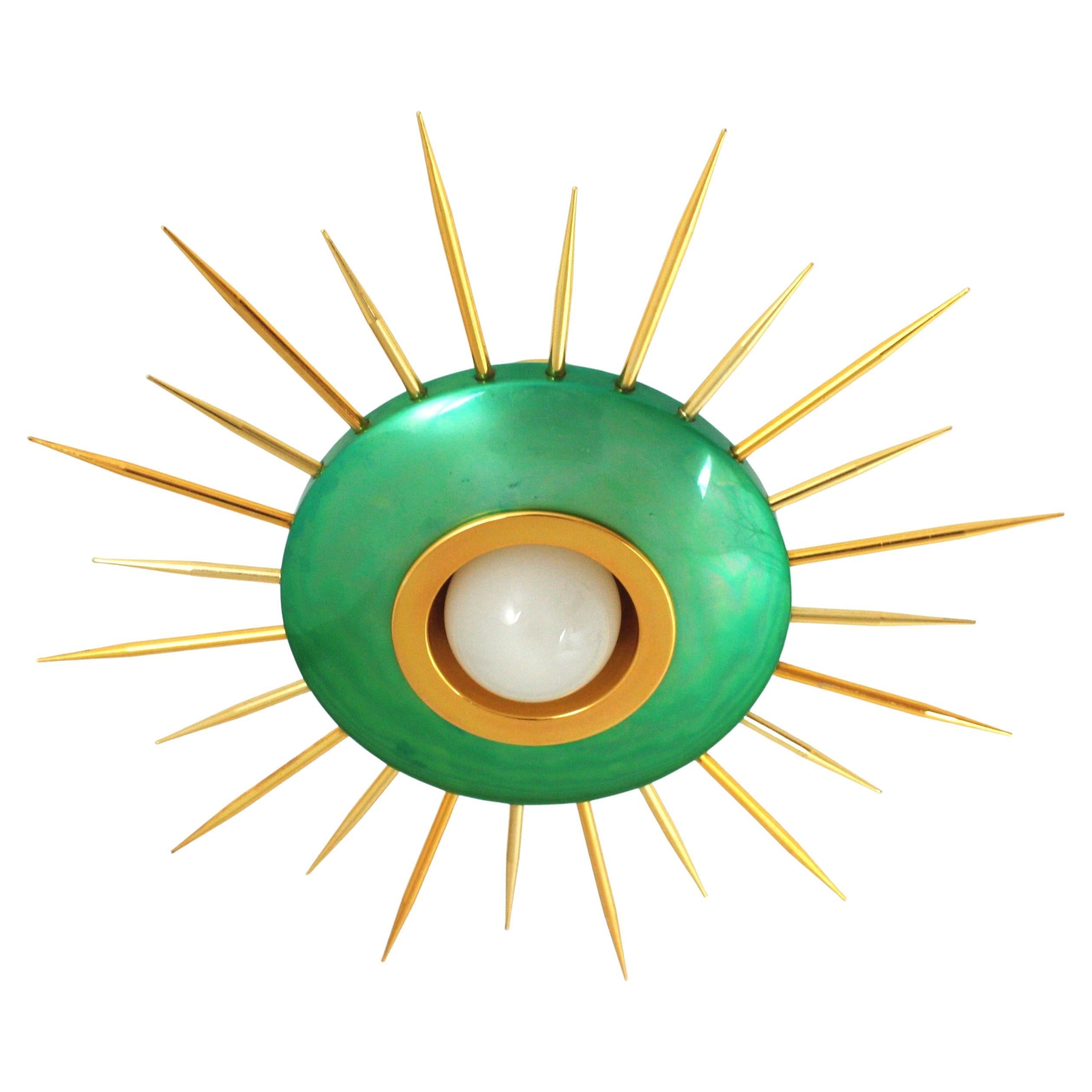 1950s Italian Sunburst Pendant Light Fixture in Green and Gilt Metal For Sale