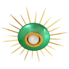 Vintage 1950s Italian Sunburst Pendant Light Fixture in Green and Gilt Metal