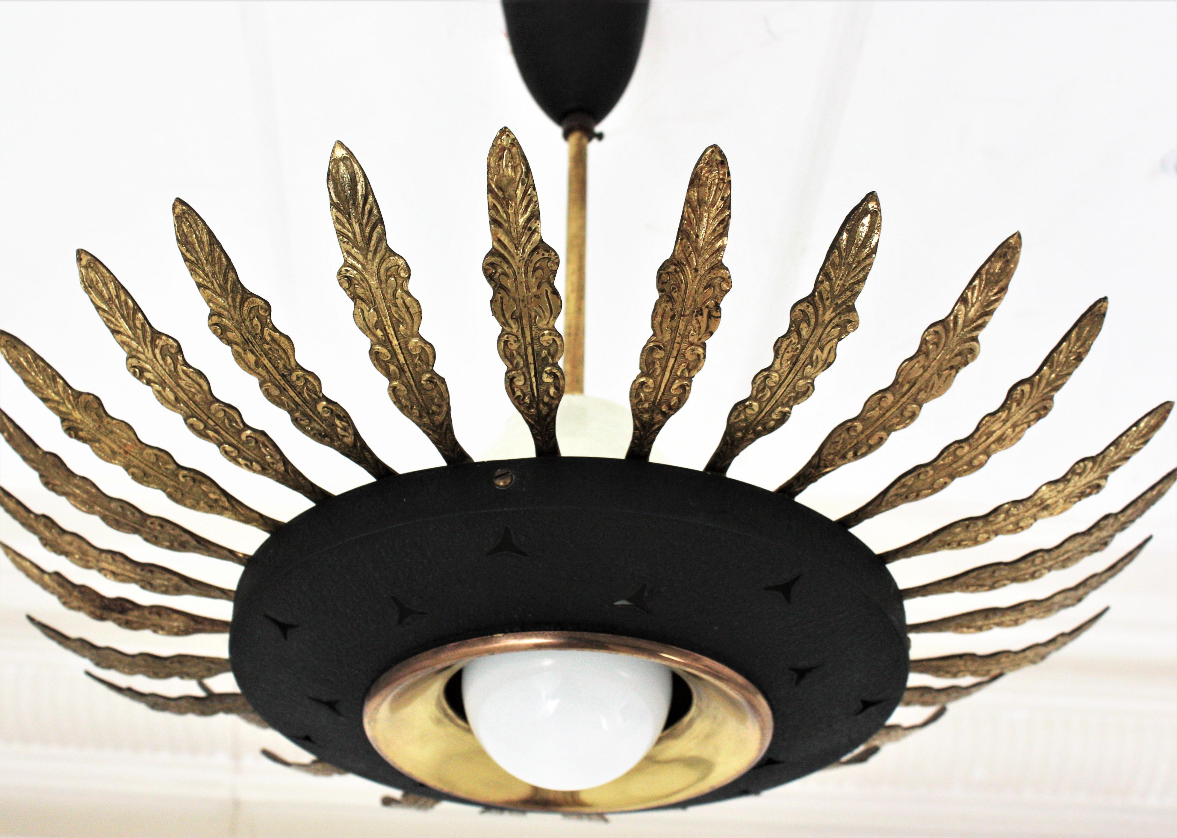 Italian Sunburst Pendant / Flush Mount in Black Metal and Brass For Sale 3
