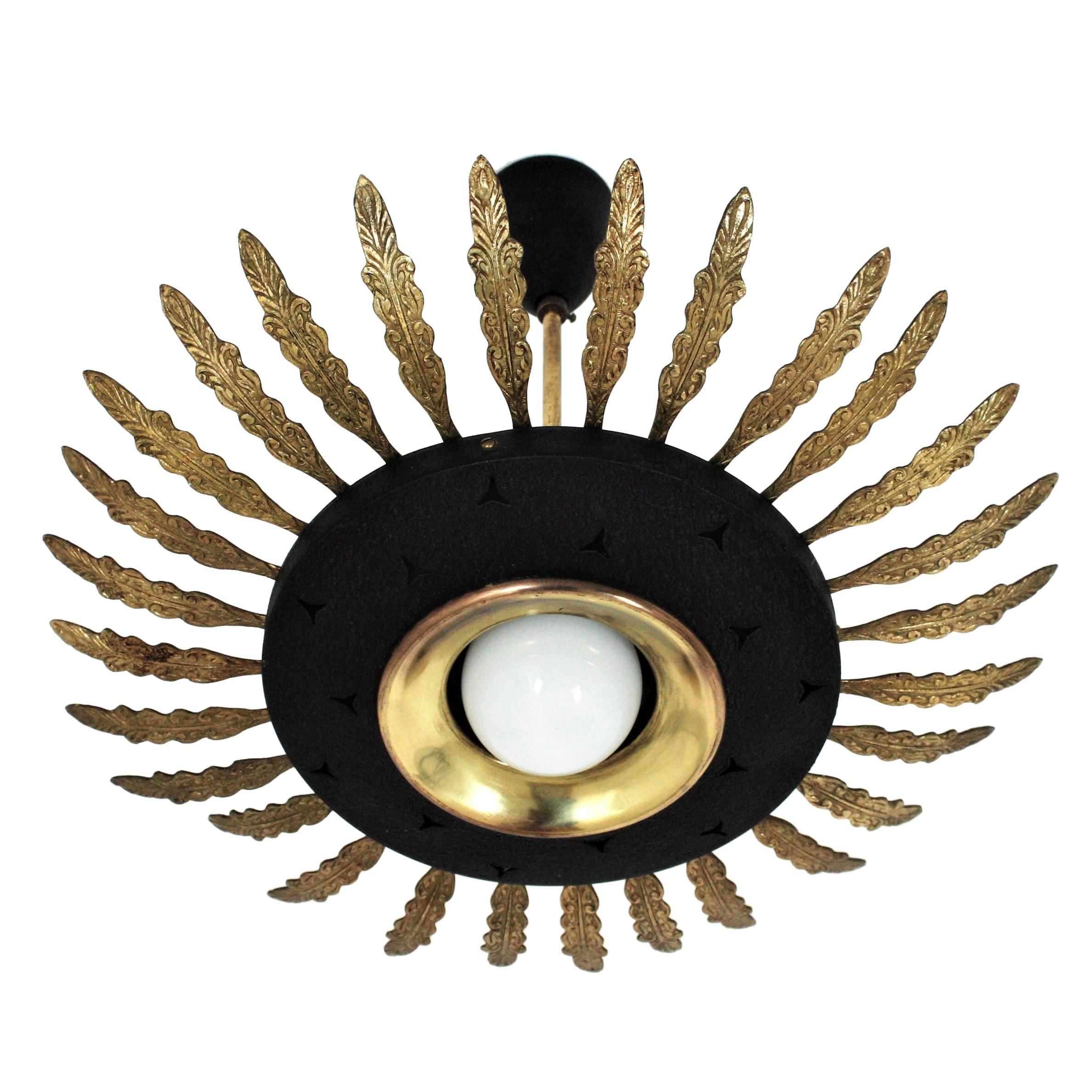 Italian Sunburst Pendant / Flush Mount in Black Metal and Brass For Sale