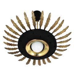 Vintage Italian Sunburst Pendant / Flush Mount in Black Metal and Brass