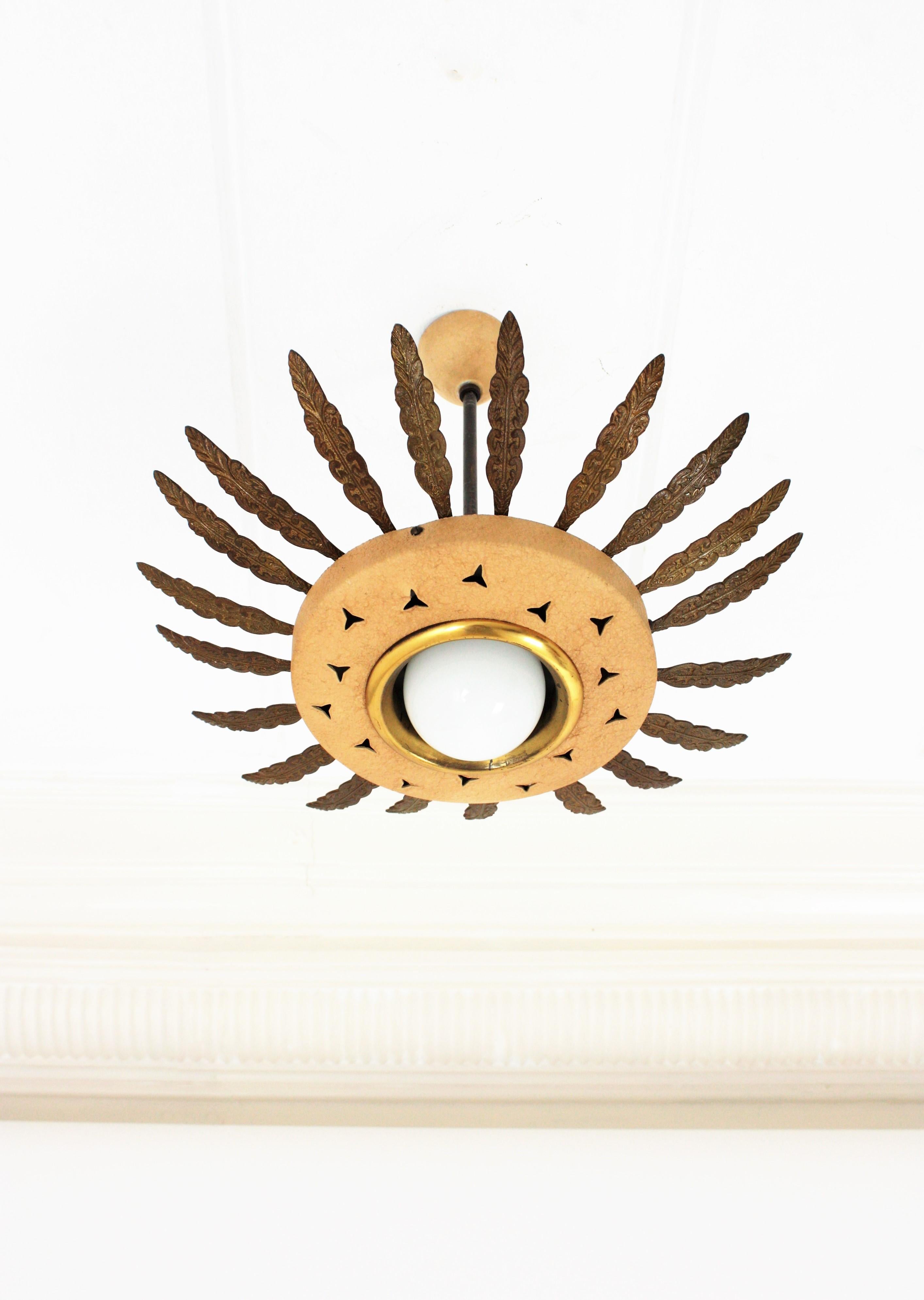 1950s Italian Sunburst Pendant or Flush Mount in Brass and Beige Metal 5
