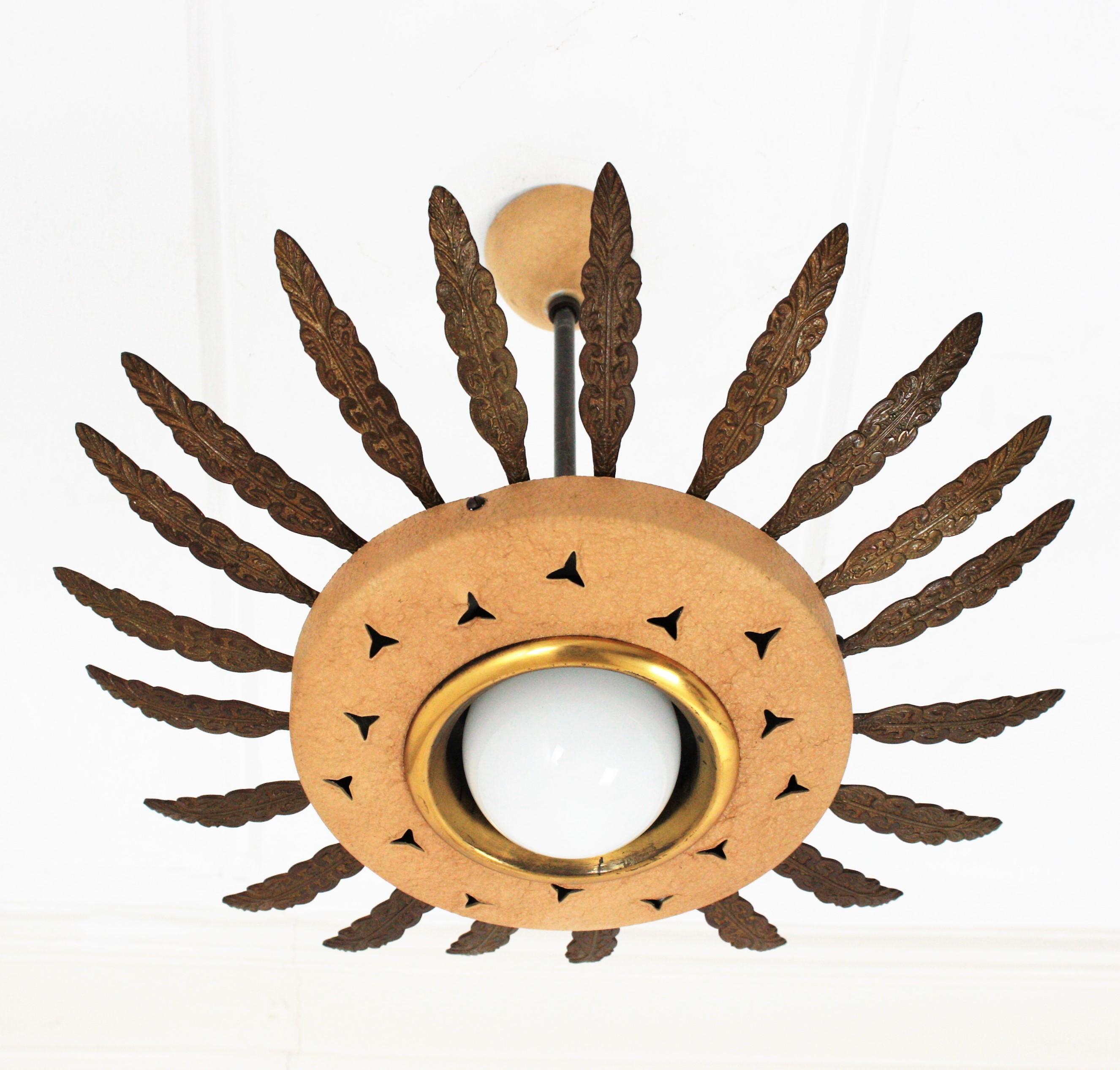 Mid-Century Modern 1950s Italian Sunburst Pendant or Flush Mount in Brass and Beige Metal