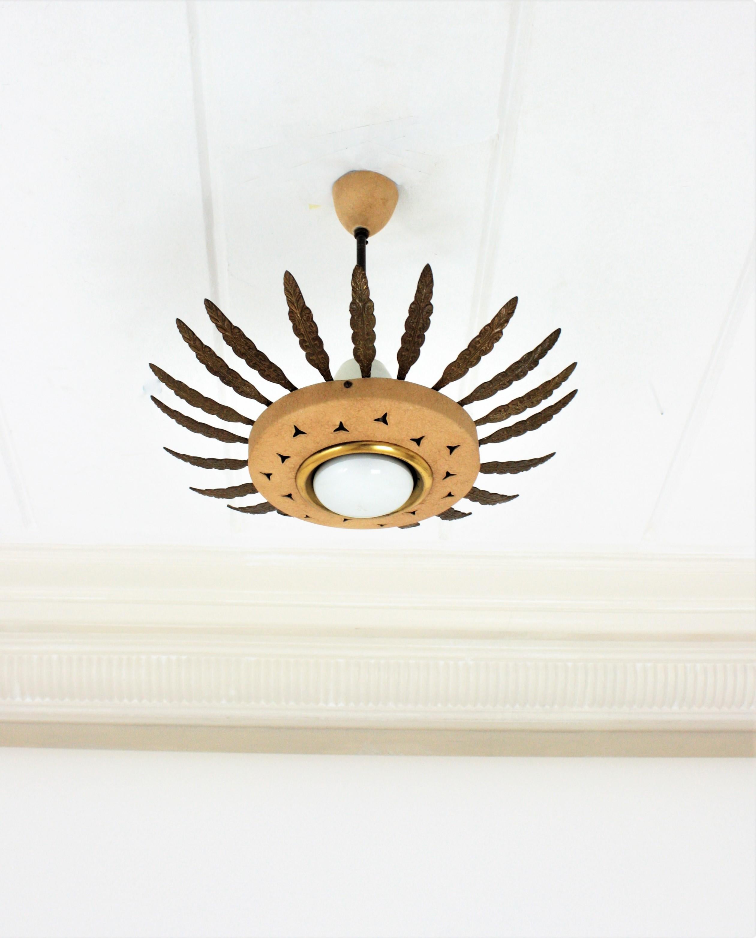 20th Century 1950s Italian Sunburst Pendant or Flush Mount in Brass and Beige Metal