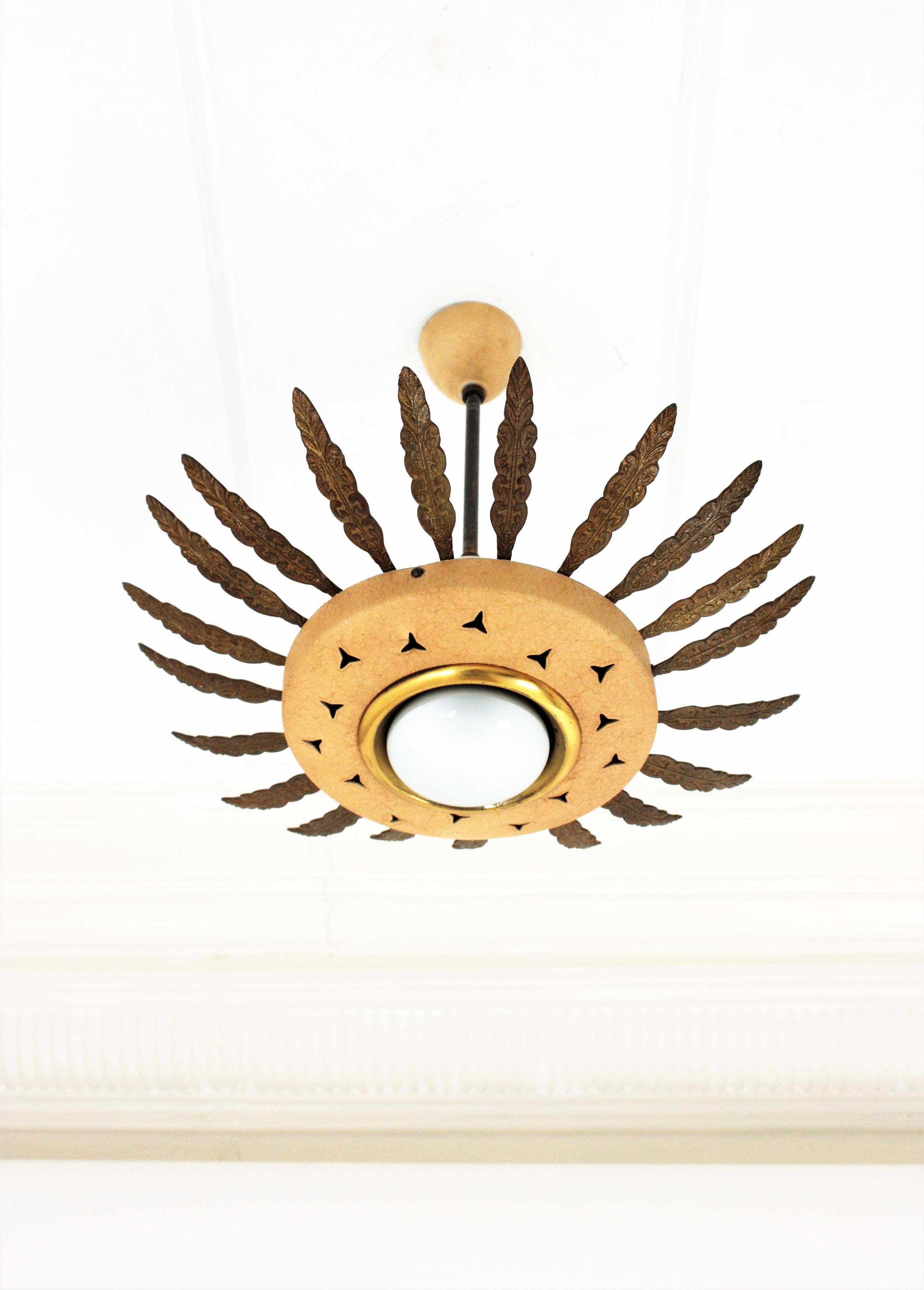 1950s Italian Sunburst Pendant or Flush Mount in Brass and Beige Metal 1