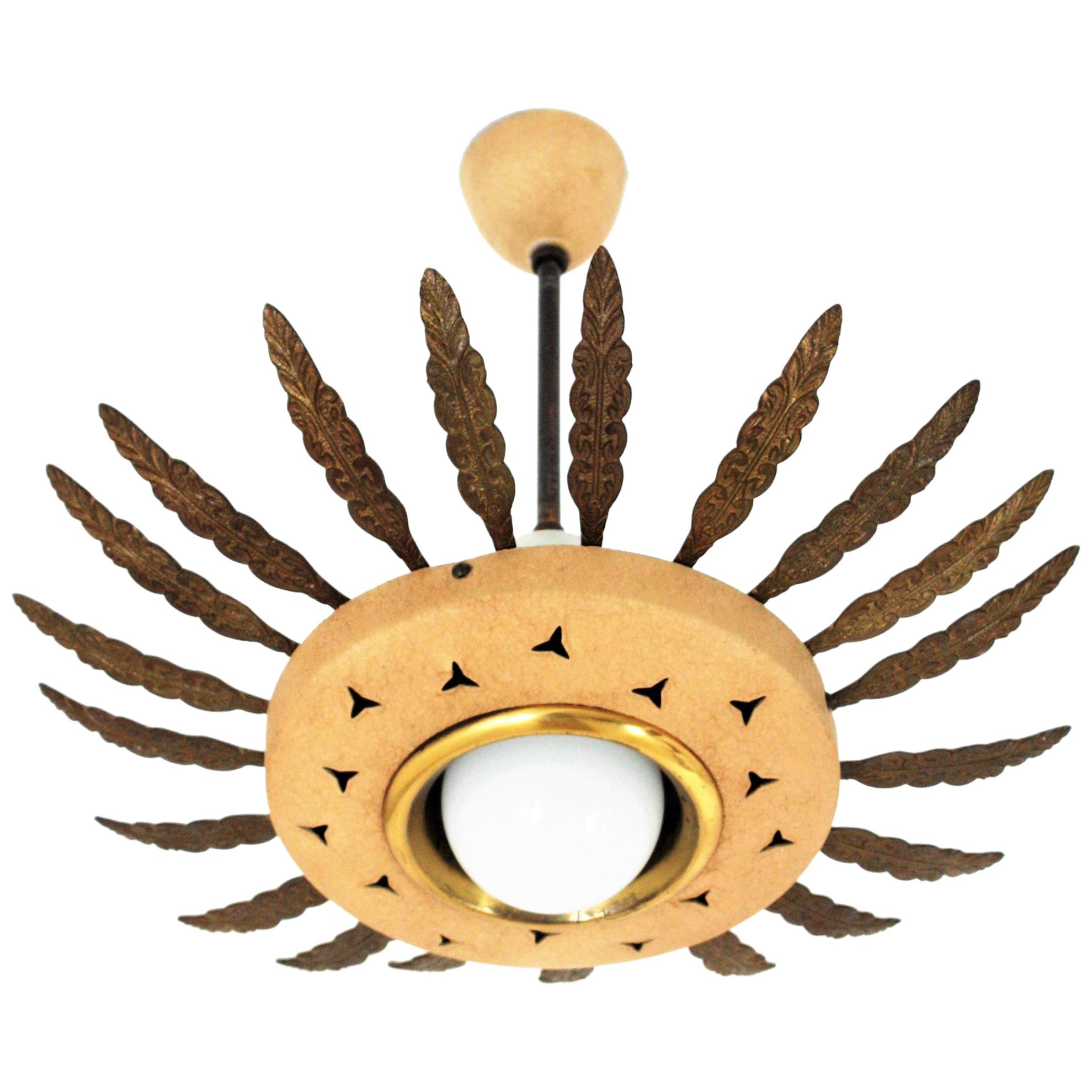 1950s Italian Sunburst Pendant or Flush Mount in Brass and Beige Metal