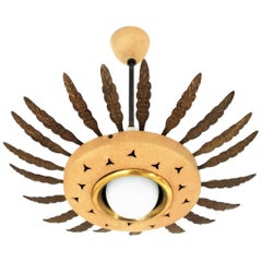 1950s Italian Sunburst Pendant or Flush Mount in Brass and Beige Metal