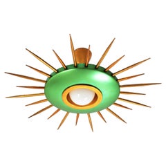 1950s Italian Sunburst Pendant or Flush Mount in Green and Gilt Metal