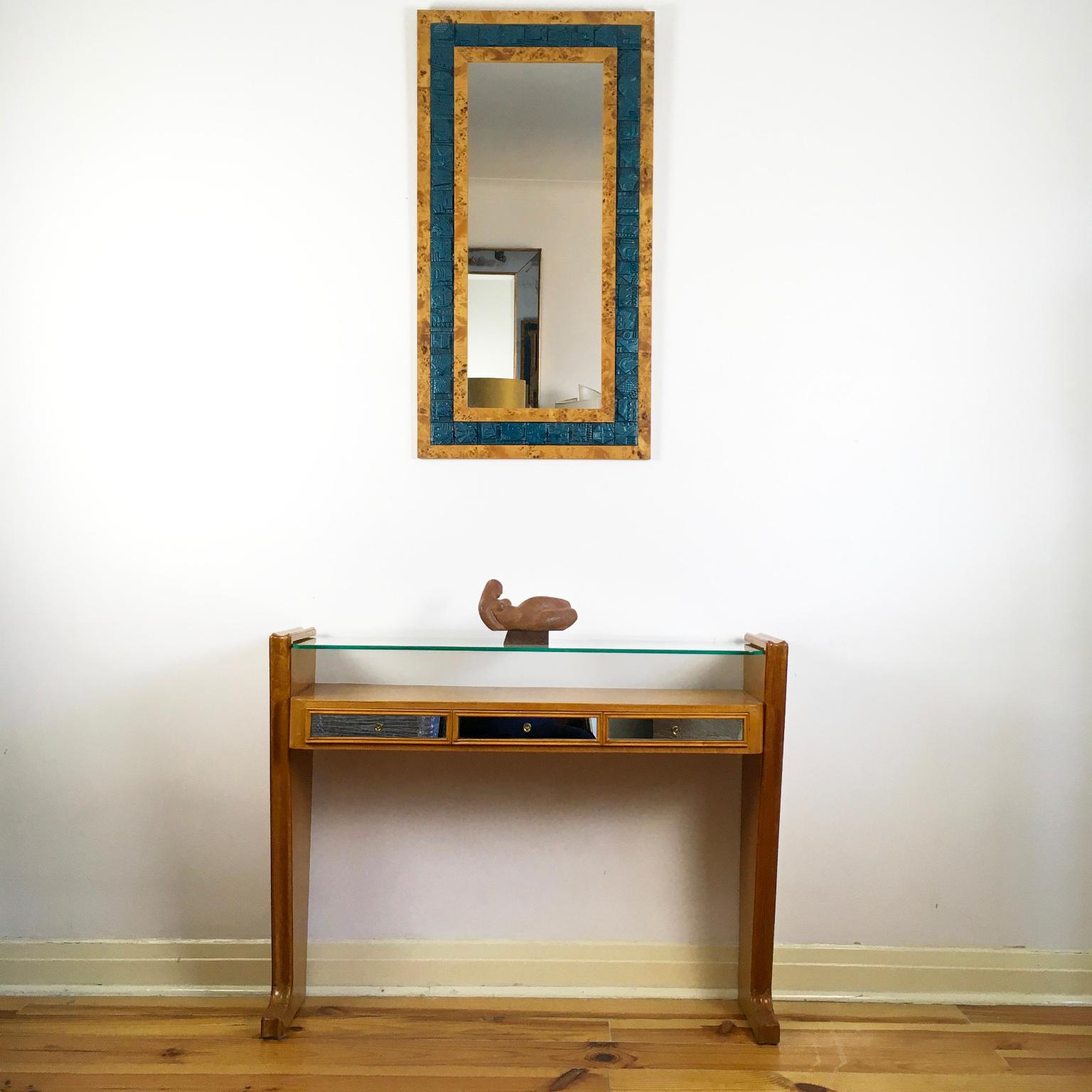 20th Century 1950s Italian Sycamore and Mirrored Console Table