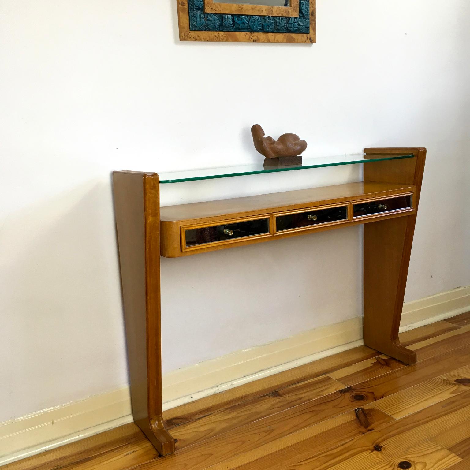 Glass 1950s Italian Sycamore and Mirrored Console Table