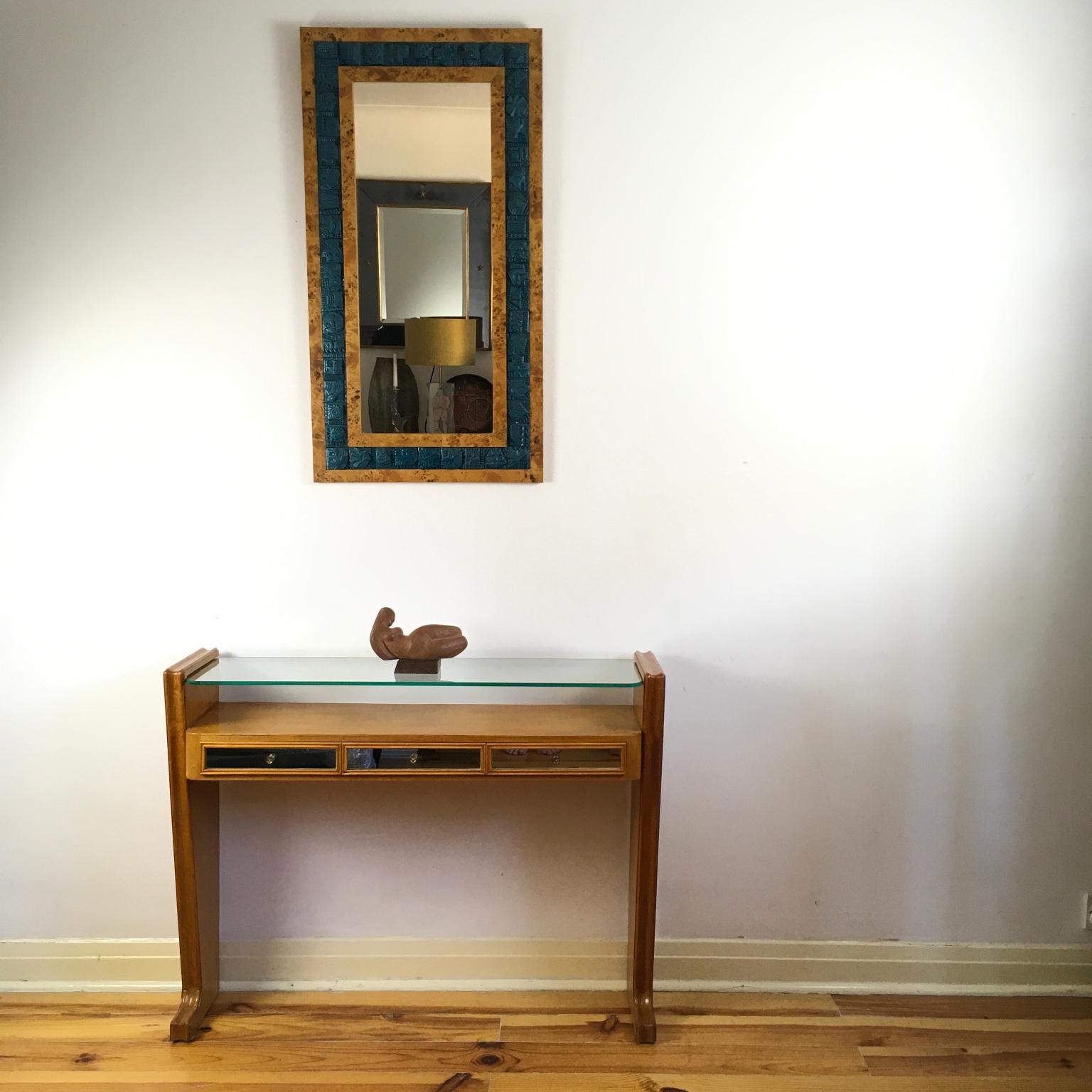 1950s Italian Sycamore and Mirrored Console Table 1