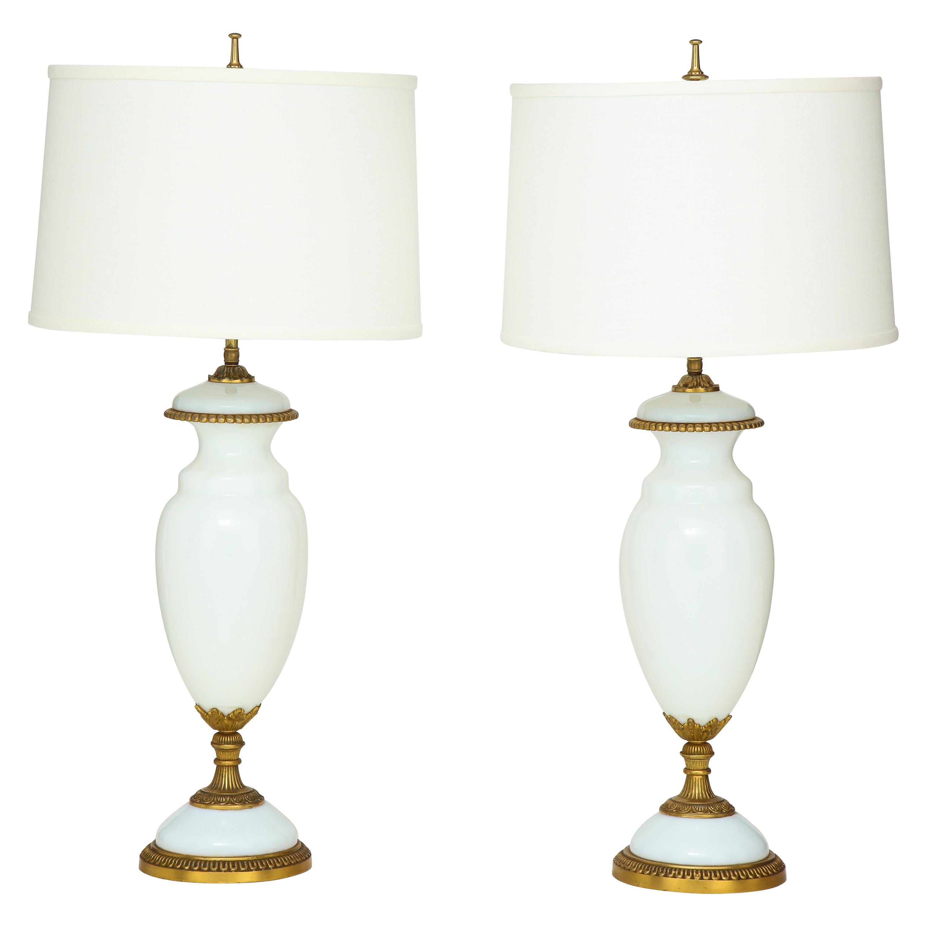 1950s Hollywood Regency Style Milk Glass And Brass Italian Table Lamps