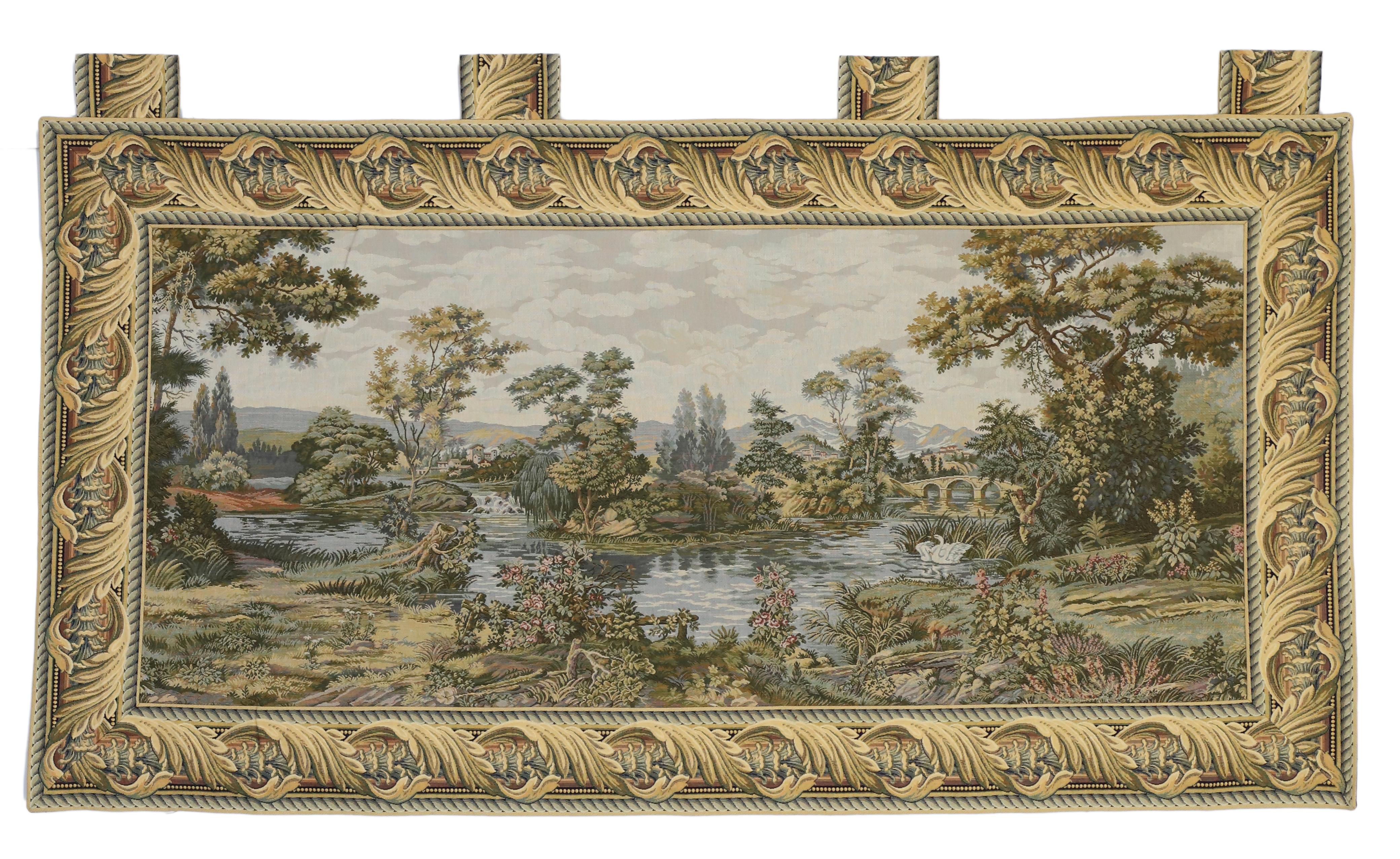 Wool 1950's Italian Tapestry Swan in the Lake, Renaissance Style Wall Hanging For Sale