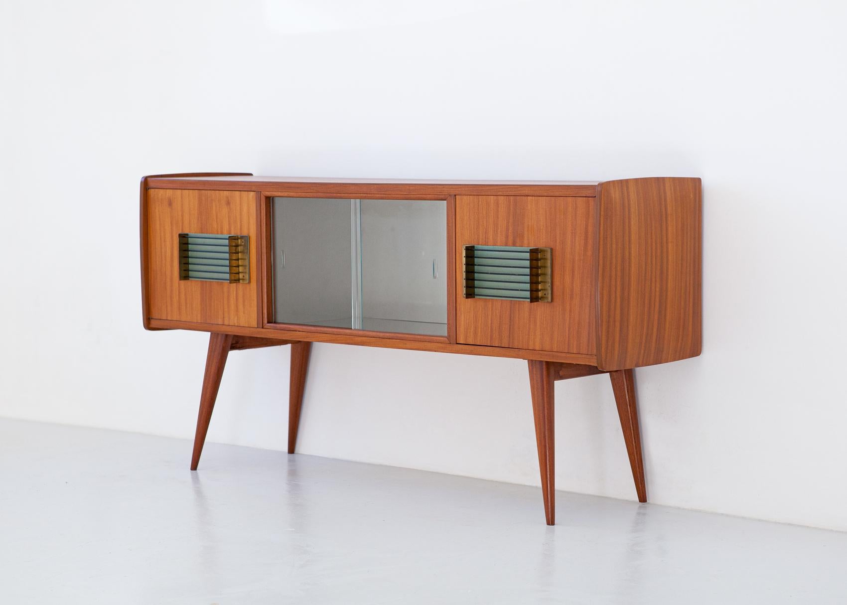 Mid-20th Century 1950s Italian Teak and Brass Sideboard with Bar
