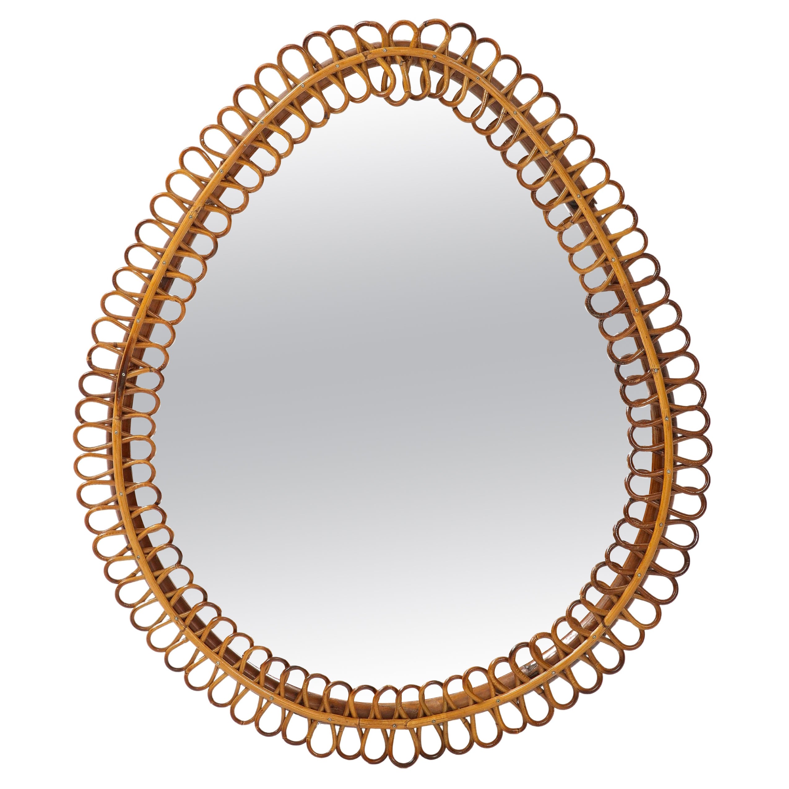 1950s Italian Teardrop Shaped Bamboo Rattan Mirror, 1950s