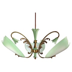 1950s Italian Three-Light Brass Chandelier with Gilded Decorated Glass Shades