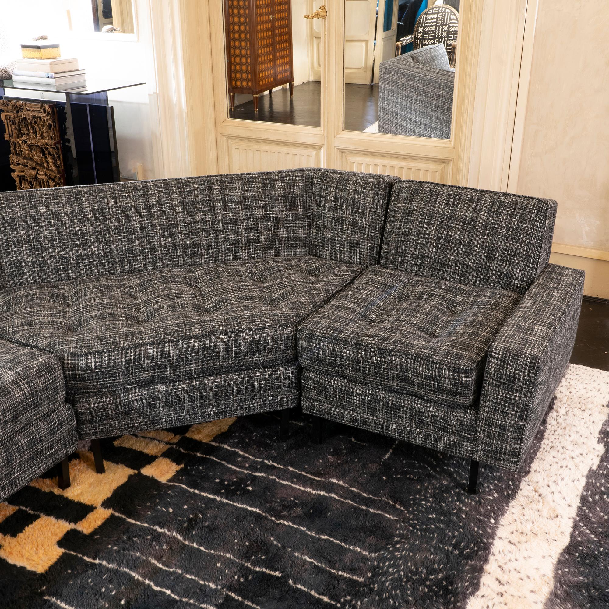 Mid-20th Century 1950s Italian Three Pieces Modular Sofa, Black and White Fabric