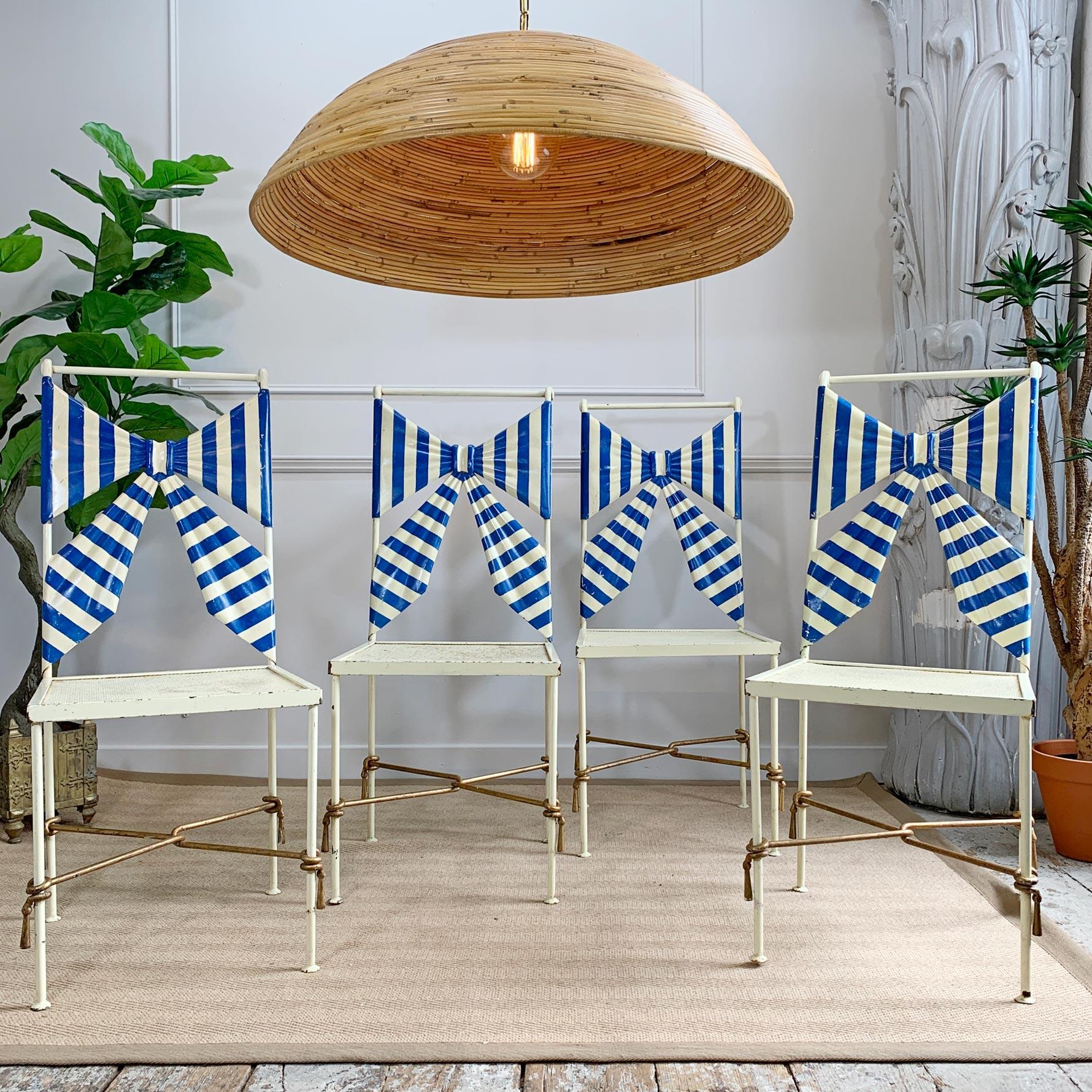 1950's Italian Blue and White Amalfi Tole Bow Chairs In Good Condition For Sale In Hastings, GB