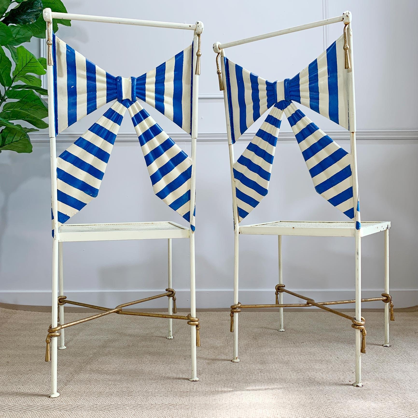 Metal 1950's Italian Blue and White Amalfi Tole Bow Chairs For Sale