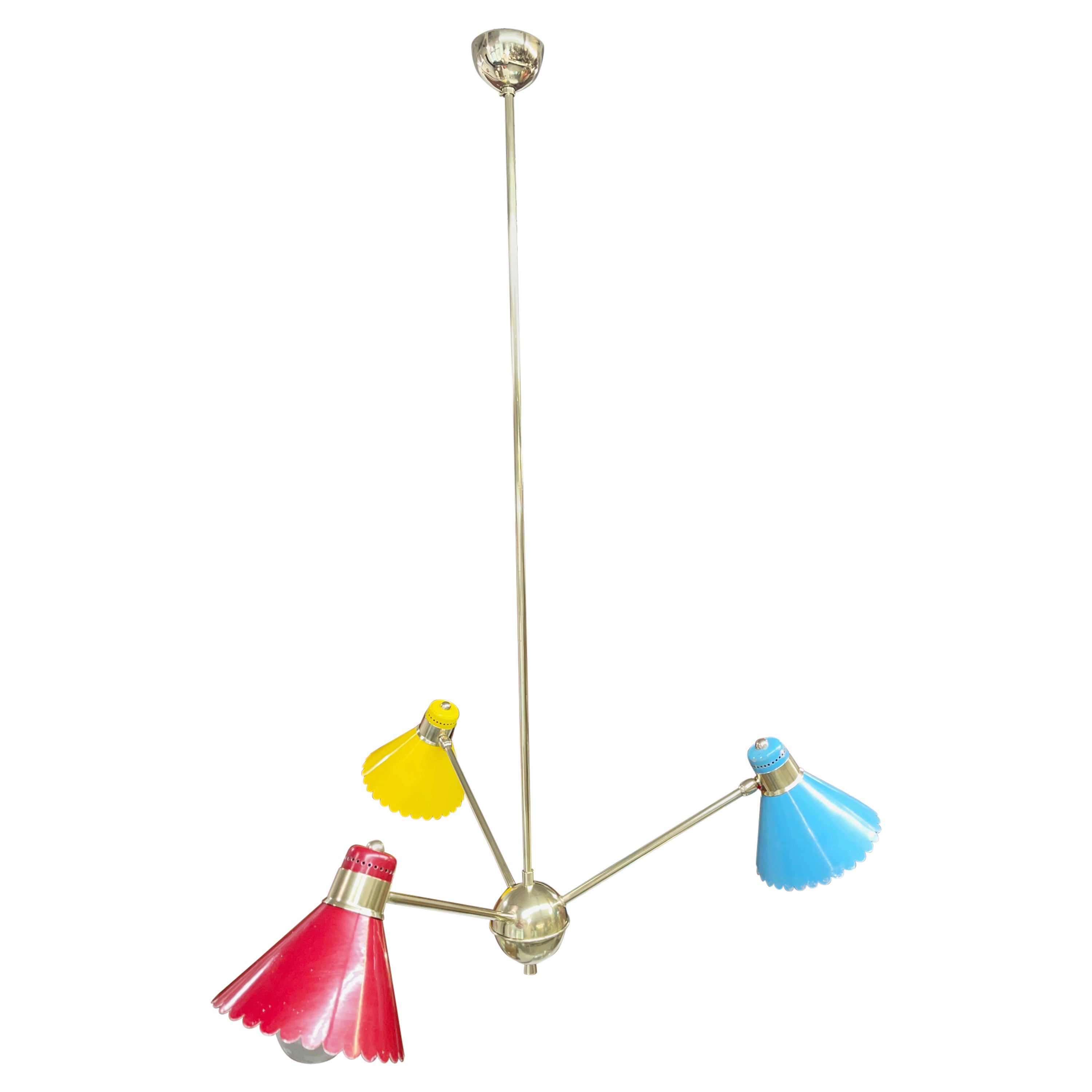 Lampadario a tre bracci tricolore italiano degli anni '50