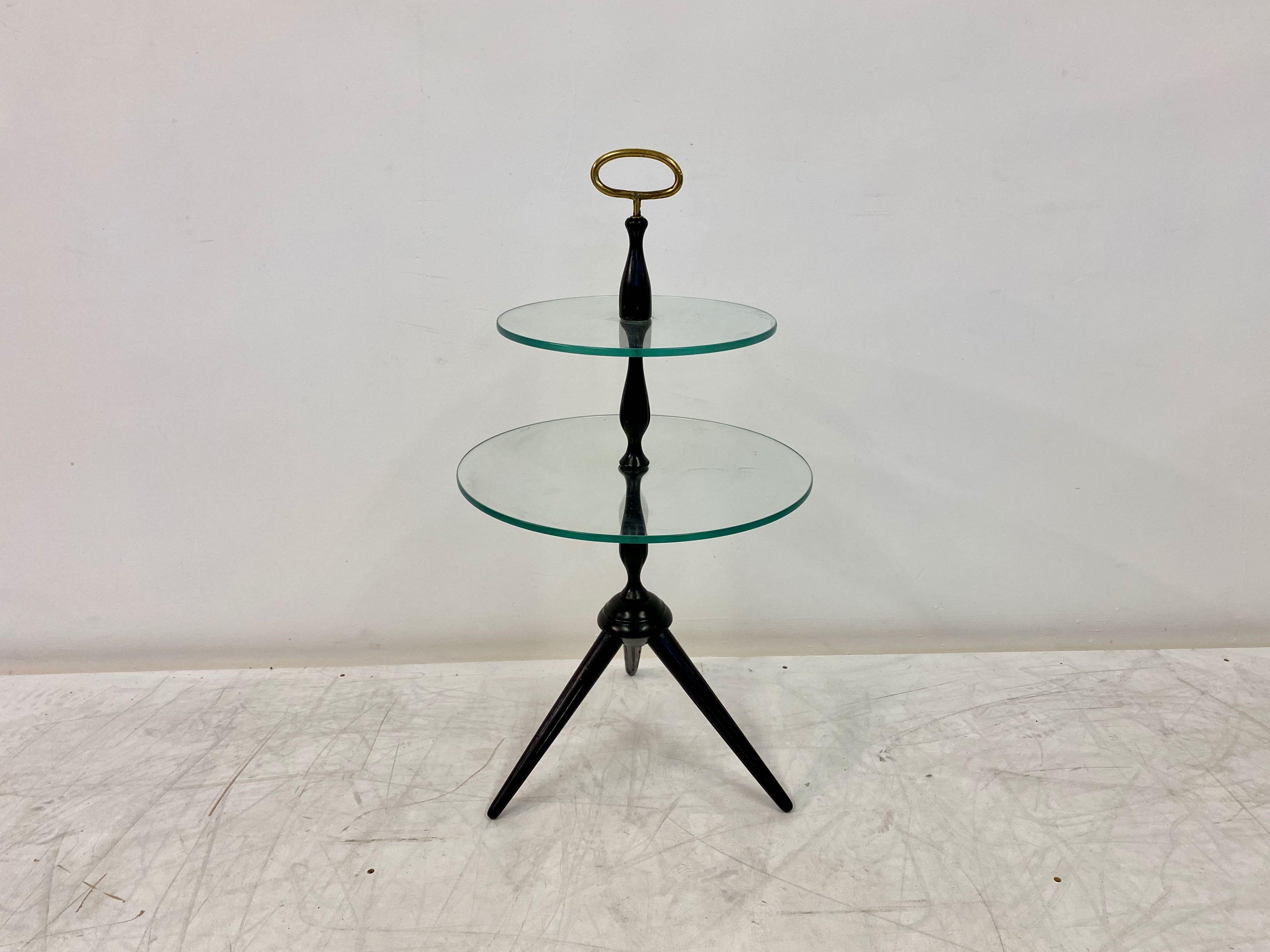 Mid-Century Modern 1950s Italian Two-Tier Side Table in Black with Brass Handle