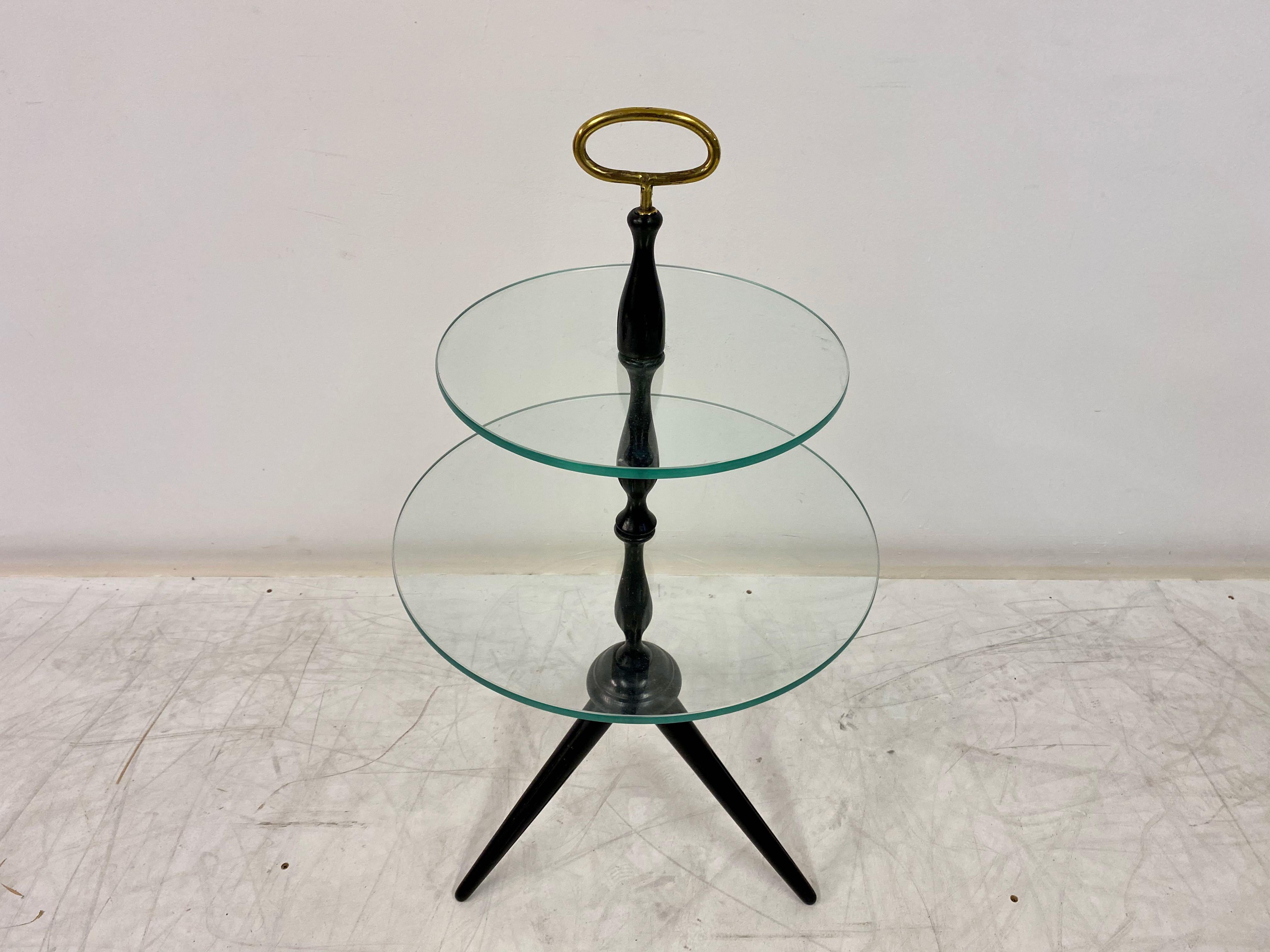 1950s Italian Two-Tier Side Table in Black with Brass Handle 1