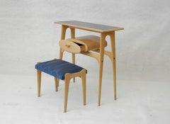 Blue Glass top Italian Vanity Matching Ottoman in Blue Vinyl Fabric, Italy 1950s