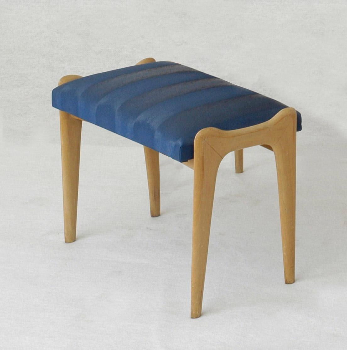 Blue Glass top Italian Vanity Matching Ottoman in Blue Vinyl Fabric, Italy 1950s For Sale 1
