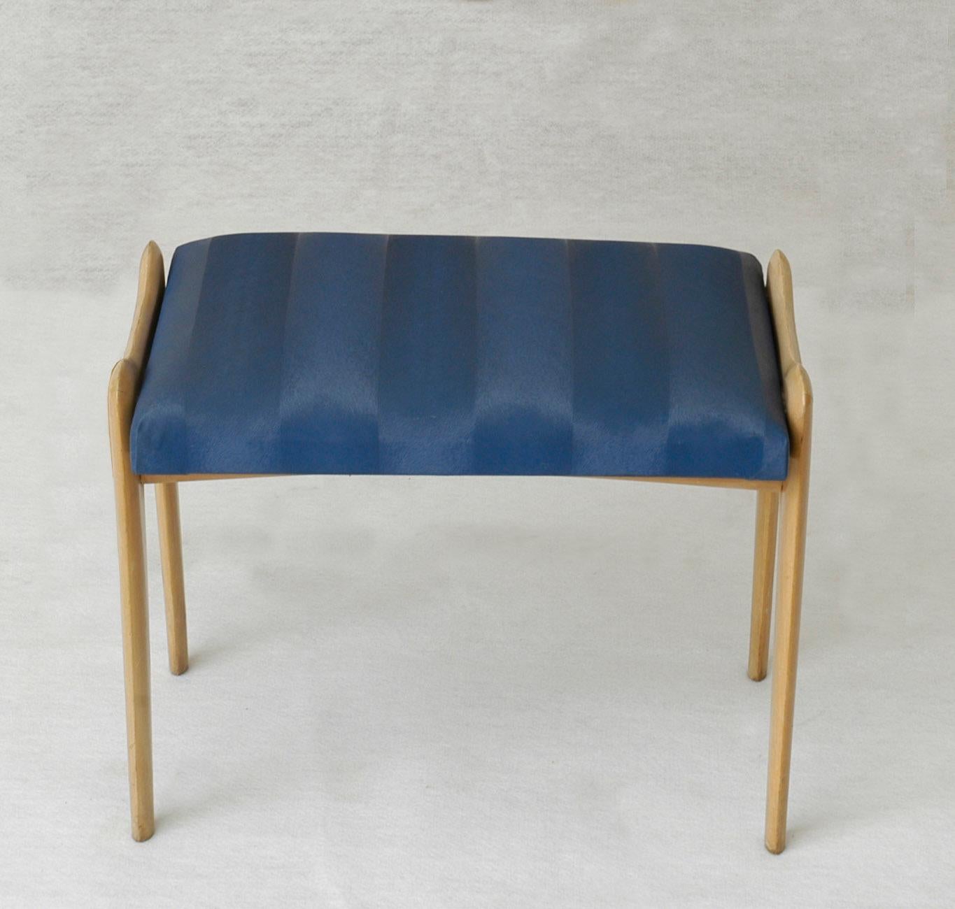 Blue Glass top Italian Vanity Matching Ottoman in Blue Vinyl Fabric, Italy 1950s For Sale 2