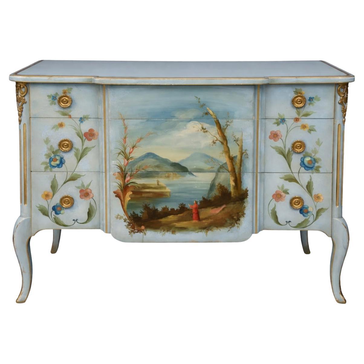 1950s Italian / Venetian Hand Painted Commode Or Chest W/ Pastoral Landscape For Sale