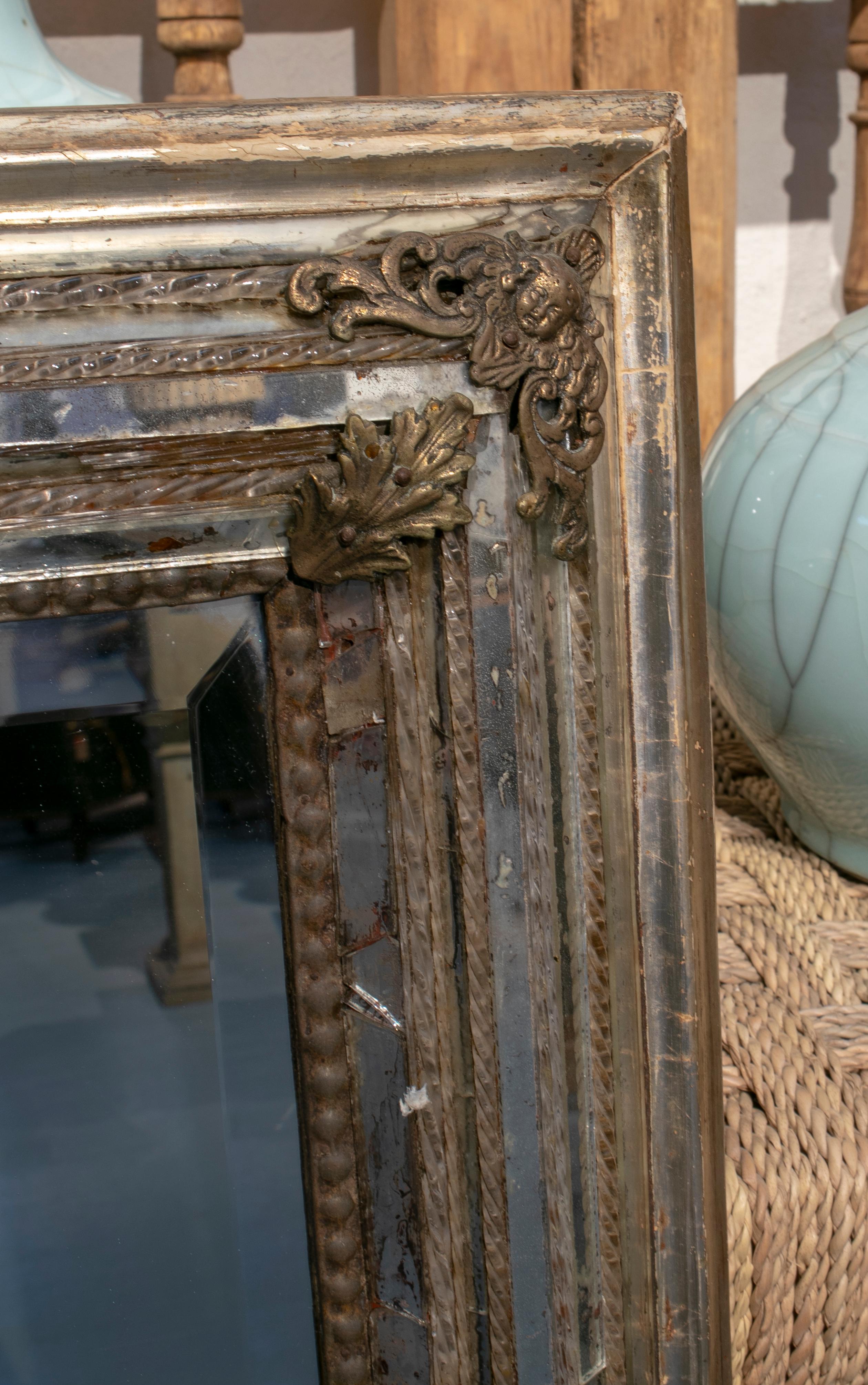 1950s Italian Venetian Mirror with Glass Studded Frame and Bronze Decorations 6