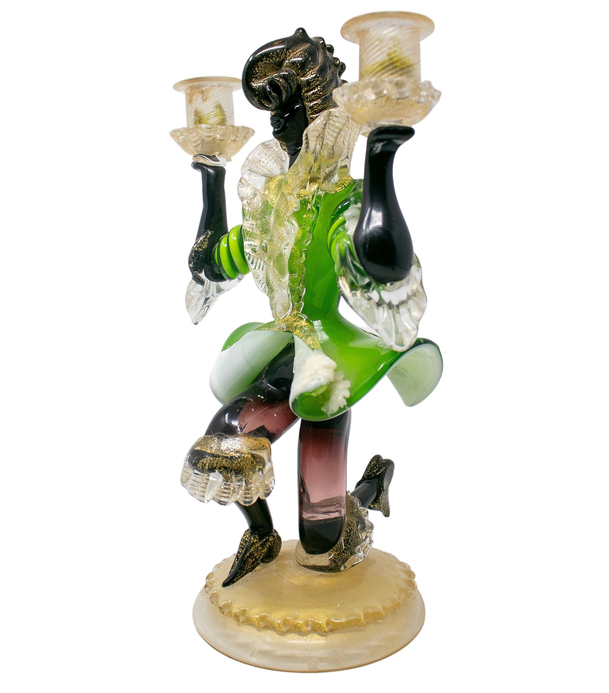 1950s Italian Venetian Murano glass figure shaped 2-arm candelabra.