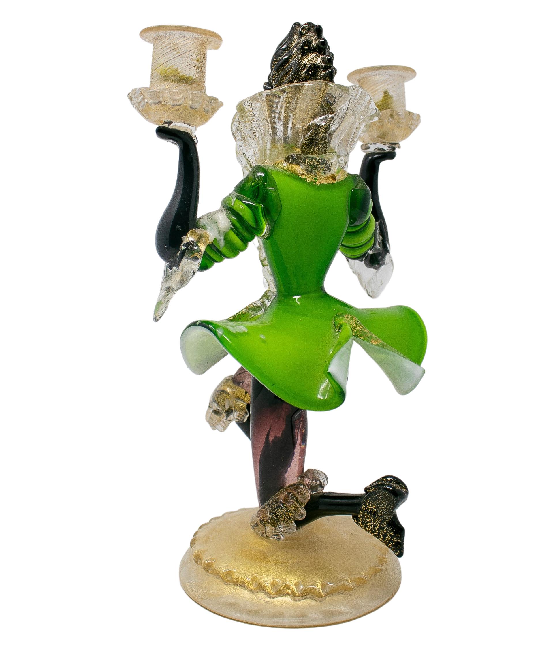 1950s Italian Venetian Murano Glass Figure Shaped 2-Arms Candelabra In Good Condition For Sale In Marbella, ES