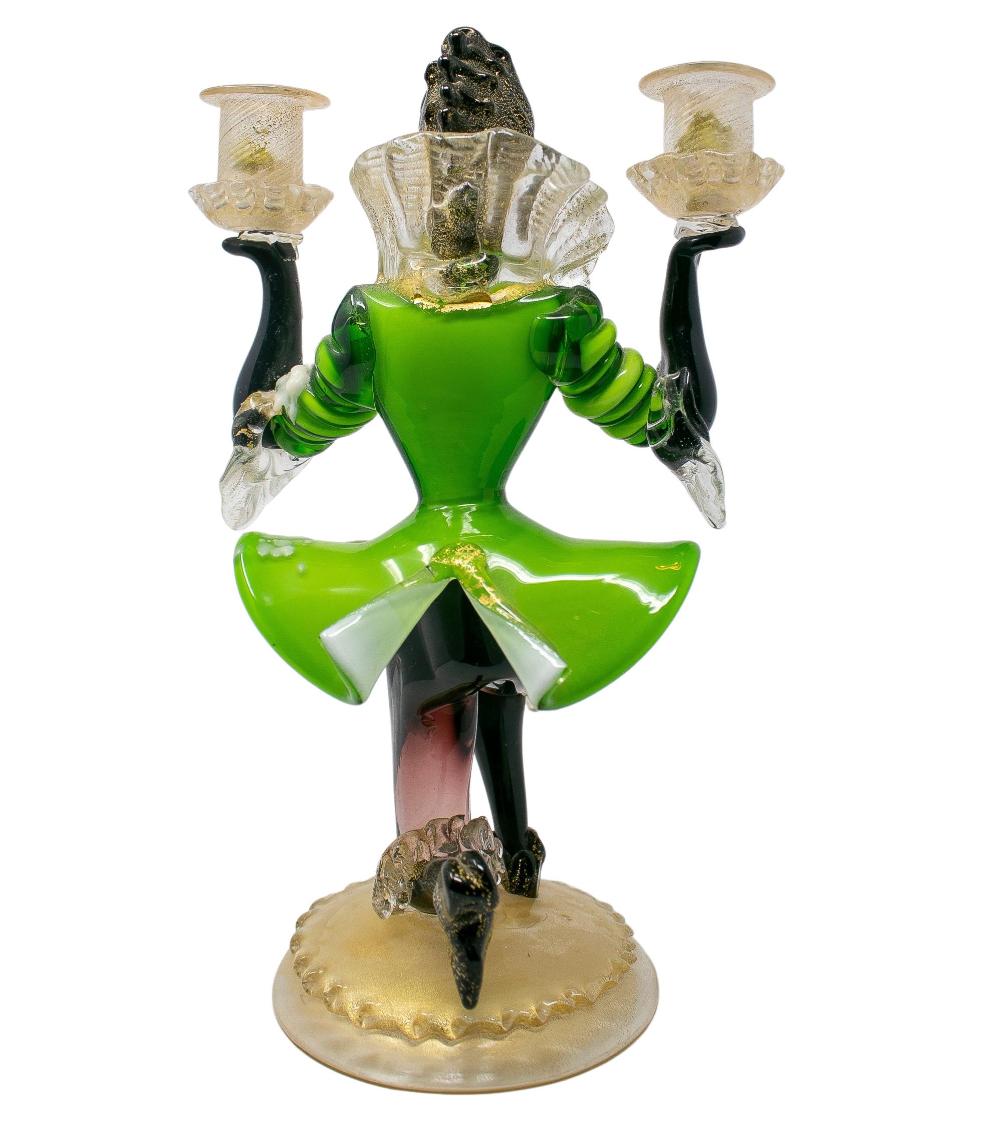 20th Century 1950s Italian Venetian Murano Glass Figure Shaped 2-Arms Candelabra For Sale