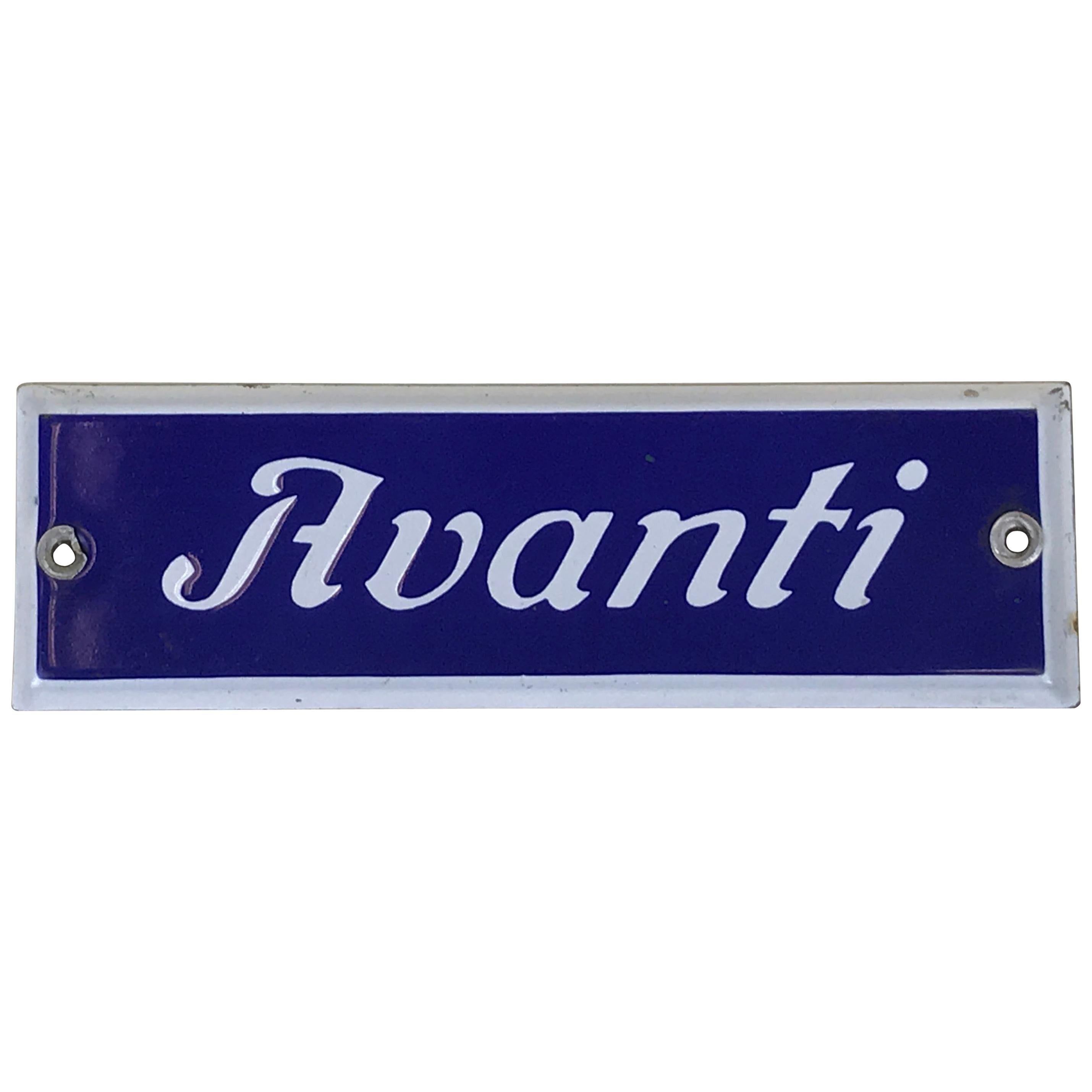 1950s Italian Vintage Blue Enamel Metal "Come On In" Sign, "Avanti" For Sale
