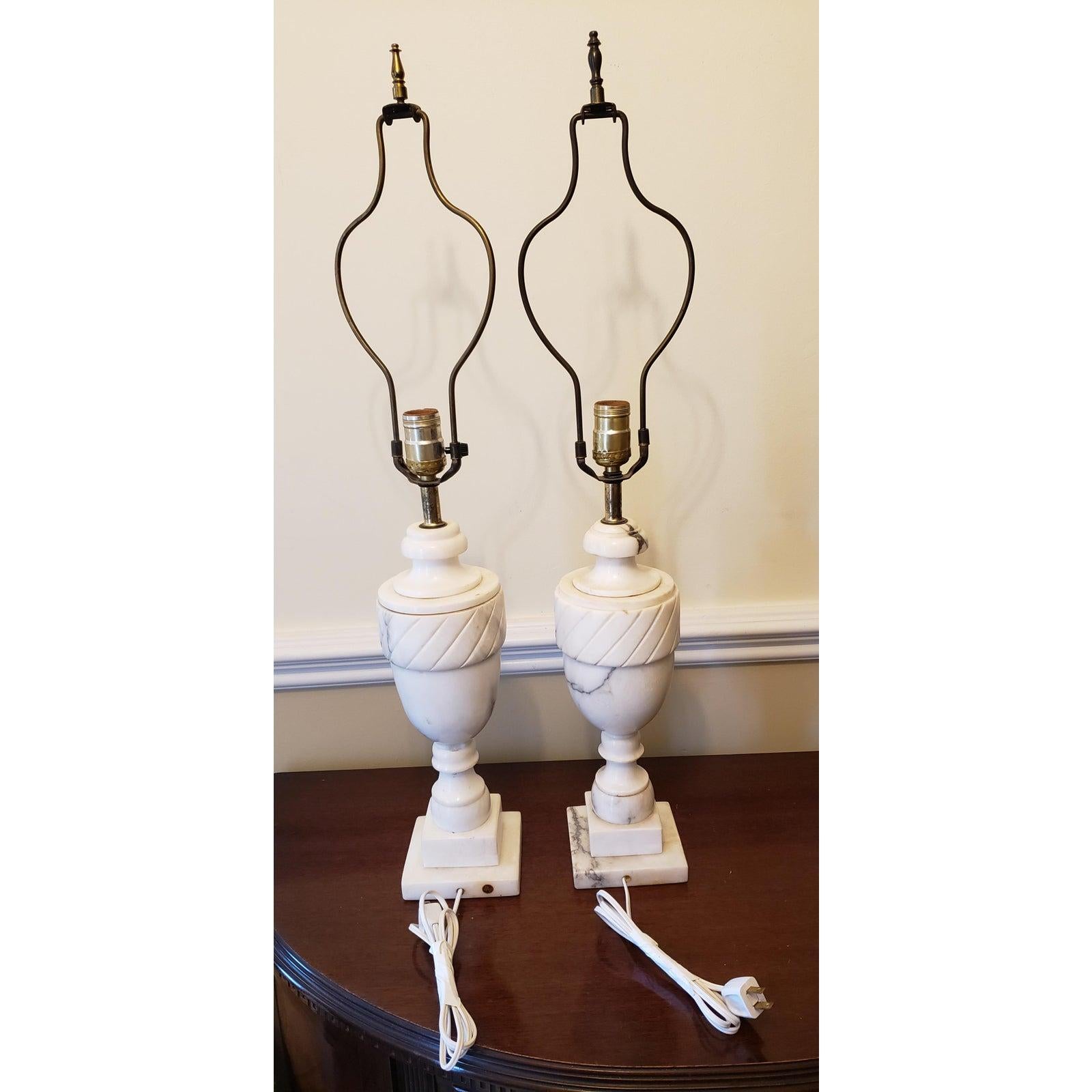 Pair of Italian vintage Carrara marble table lamps. The lamps are 30