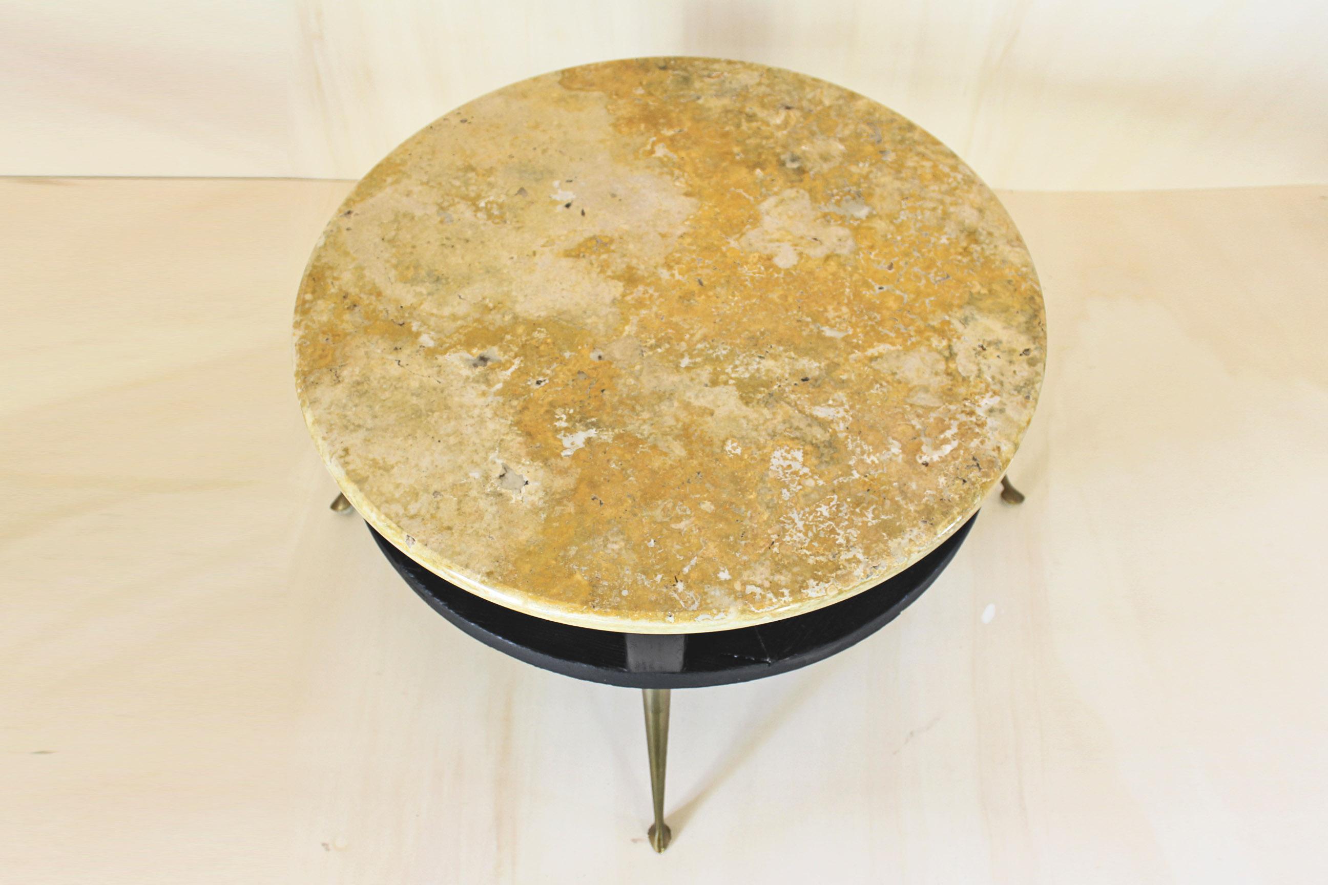 Mid-Century Modern 1950s Vintage Coffee Table with Yellow Marble Top and Brass Feet