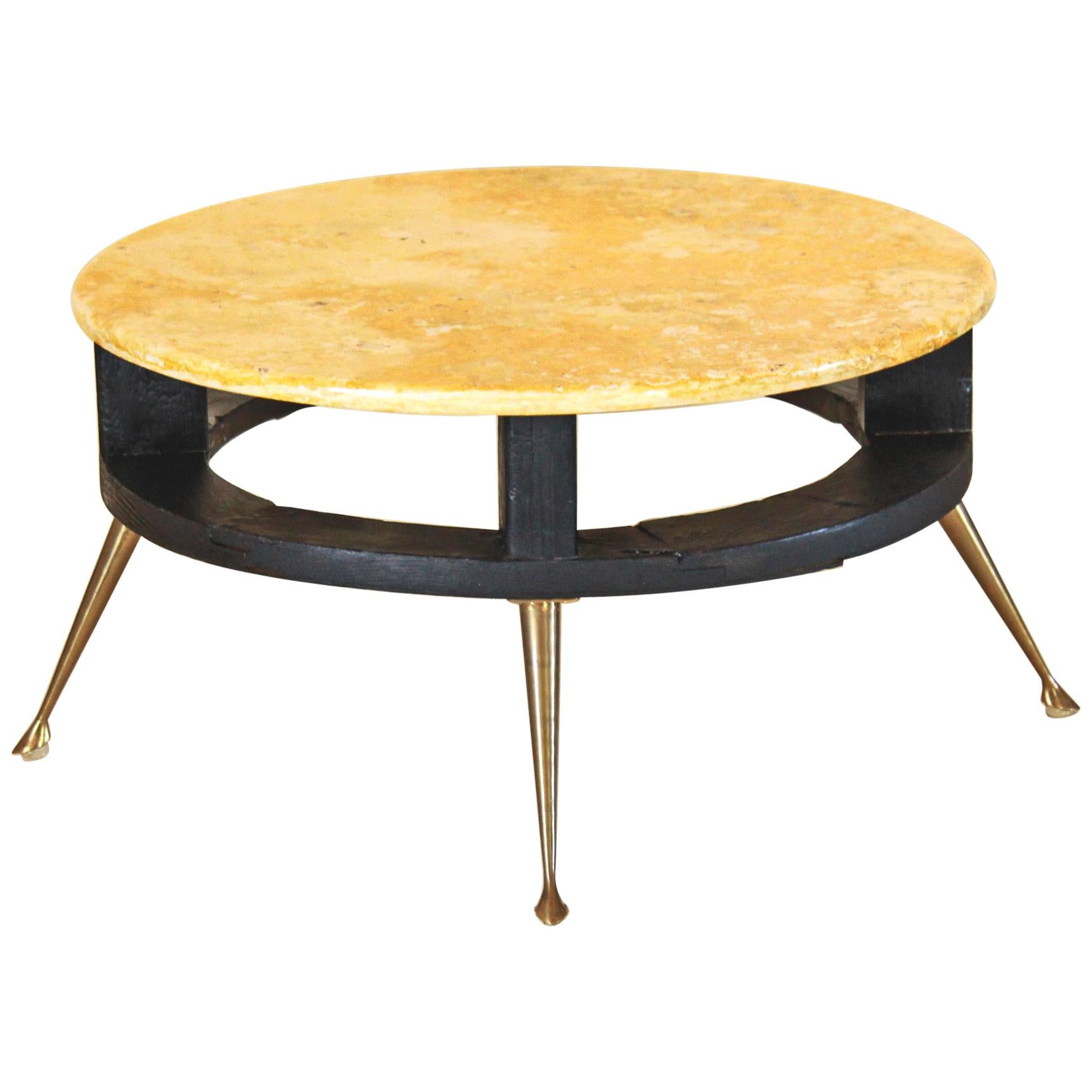 1950s Vintage Coffee Table with Yellow Marble Top and Brass Feet