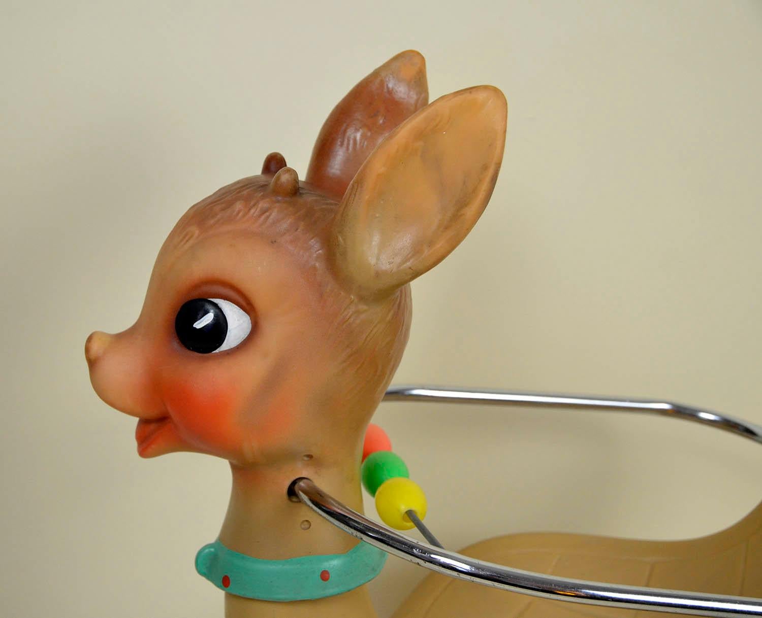 1950s Italian vintage deer baby rocking horse nursery toy, design and produced by toy house Canova in Padua, Italy.

   