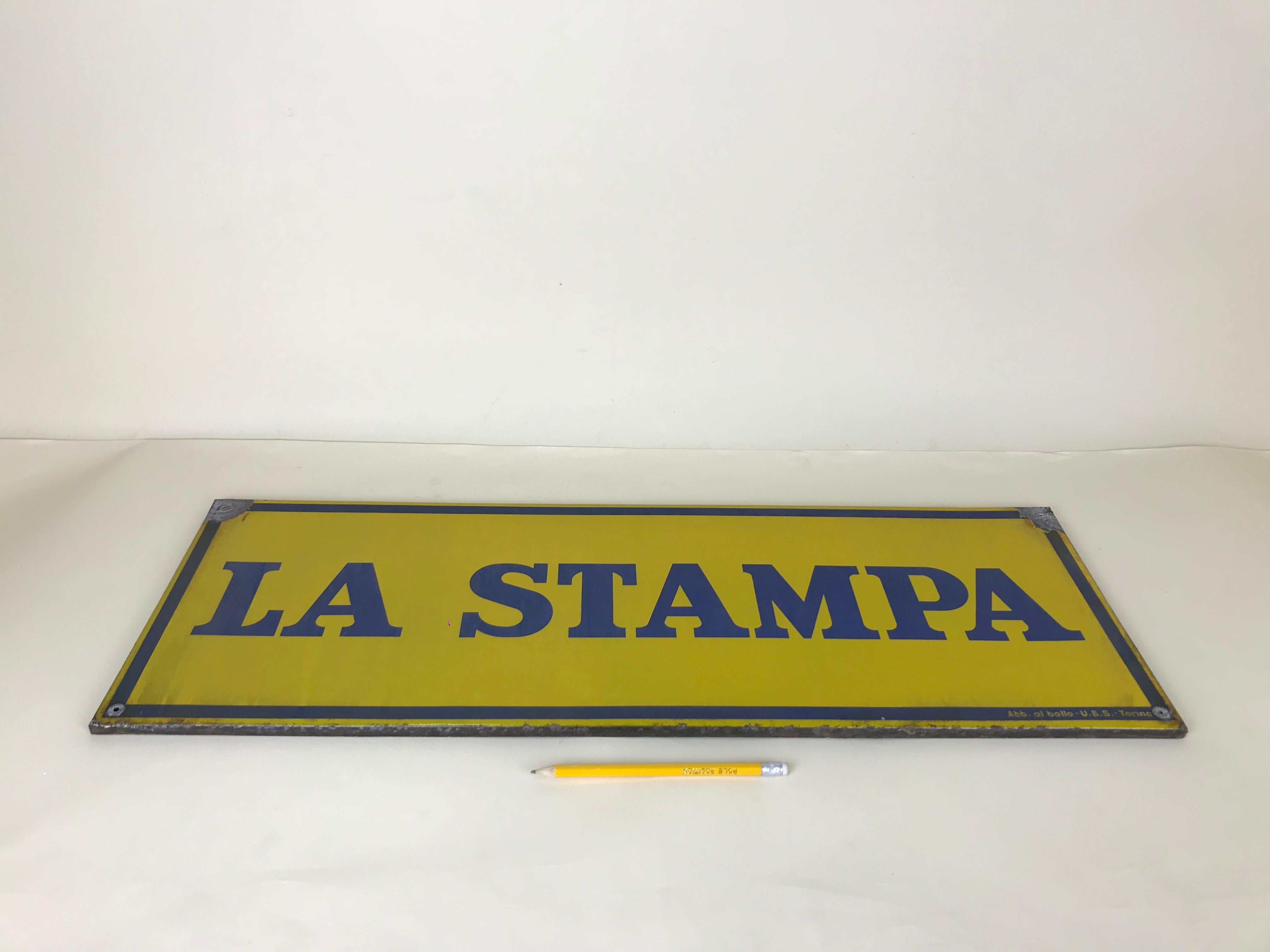 Mid-Century Modern 1950s Italian Vintage Enamel Blue and Yellow La Stampa Sign