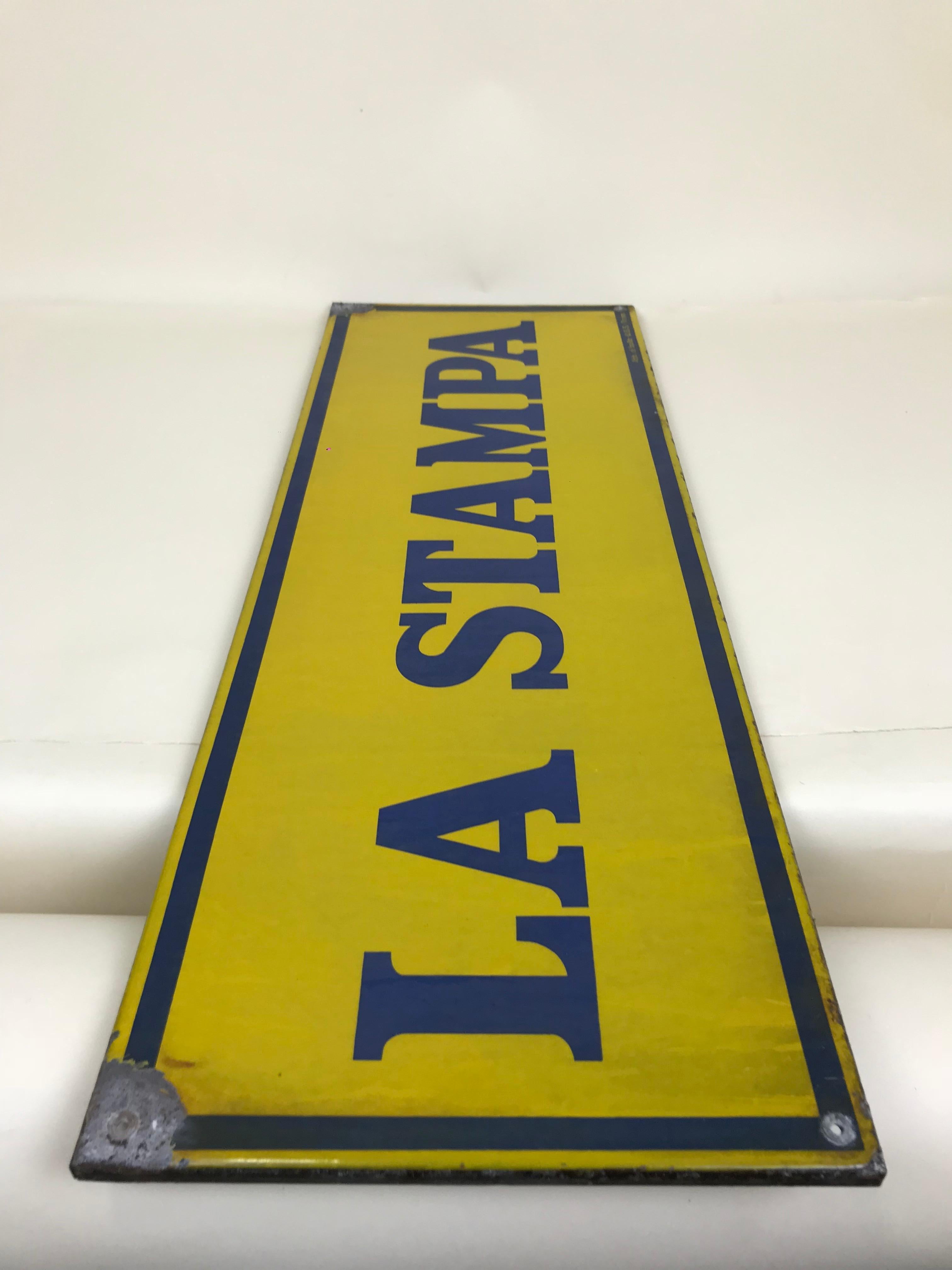 1950s Italian Vintage Enamel Blue and Yellow La Stampa Sign 2