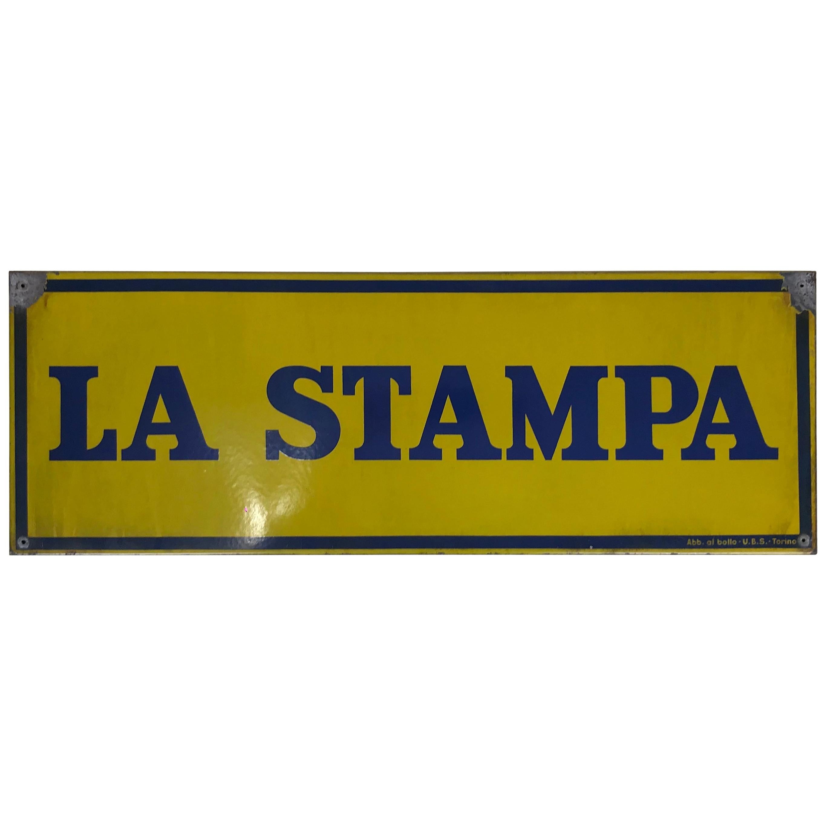 1950s Italian Vintage Enamel Blue and Yellow La Stampa Sign