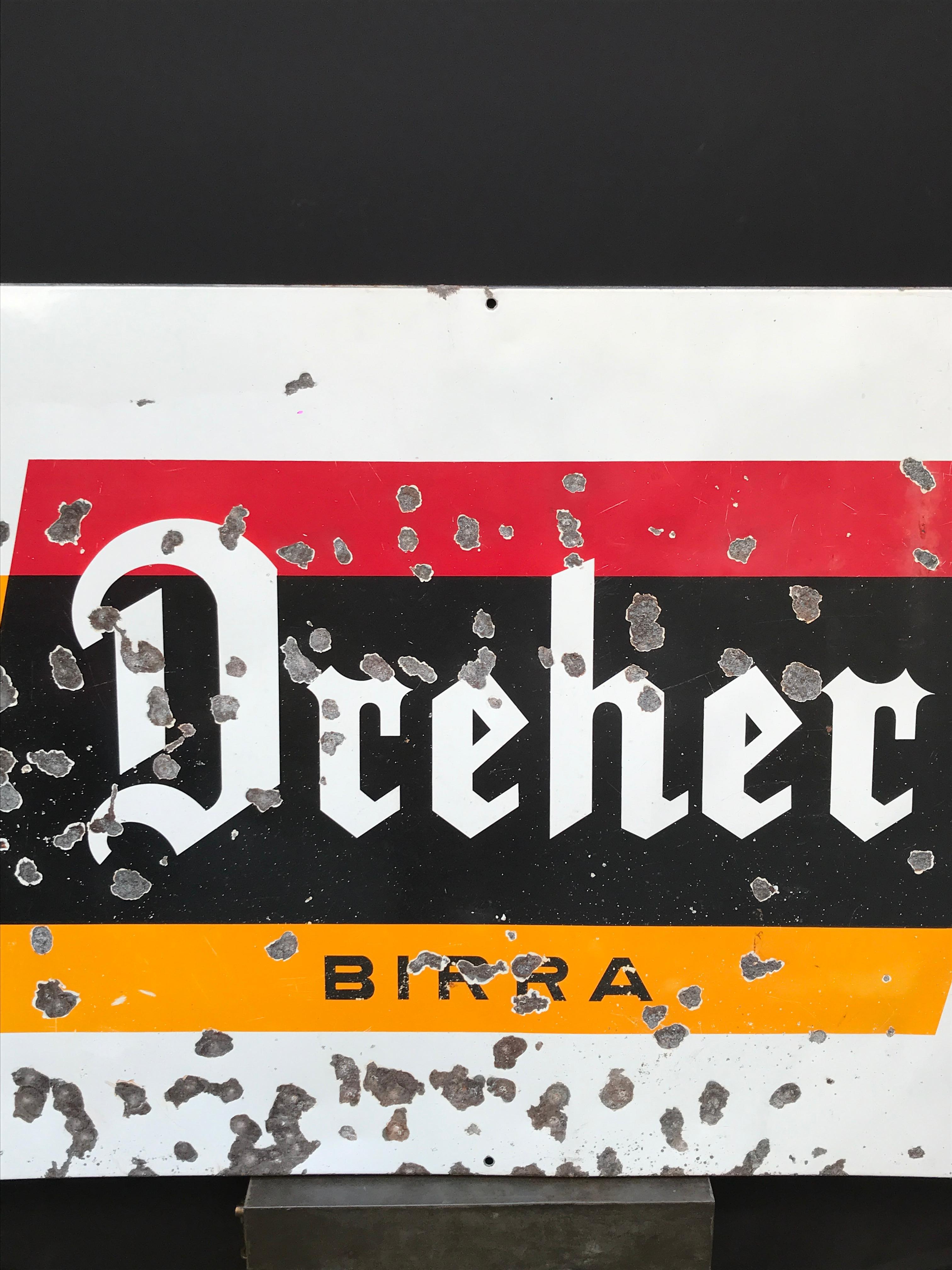 Mid-20th Century 1950s Italian Vintage Metal Enamel Dreher Beer Advertising Sign For Sale
